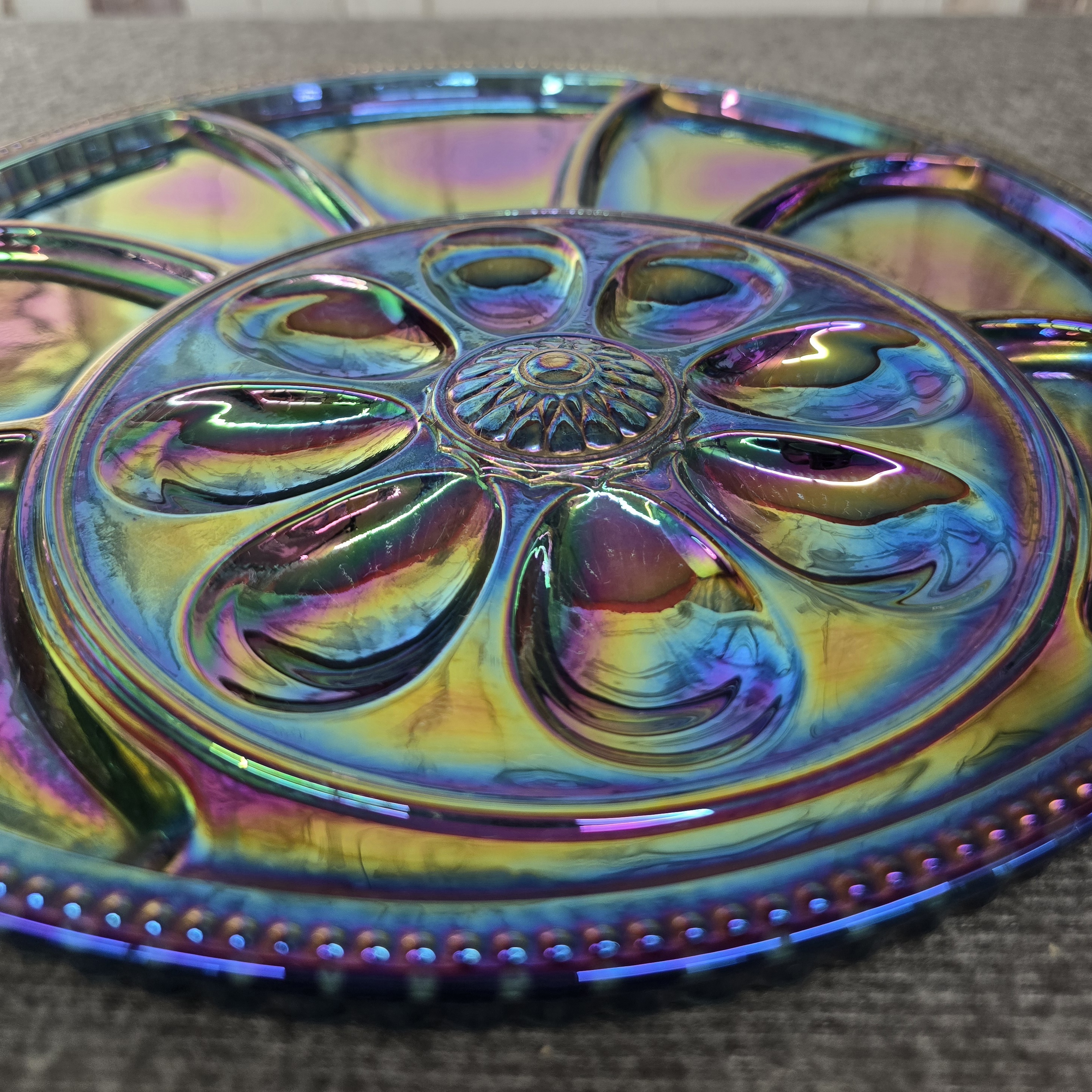 Vintage Carnival Glass Iridescent Plate Leaf Pattern