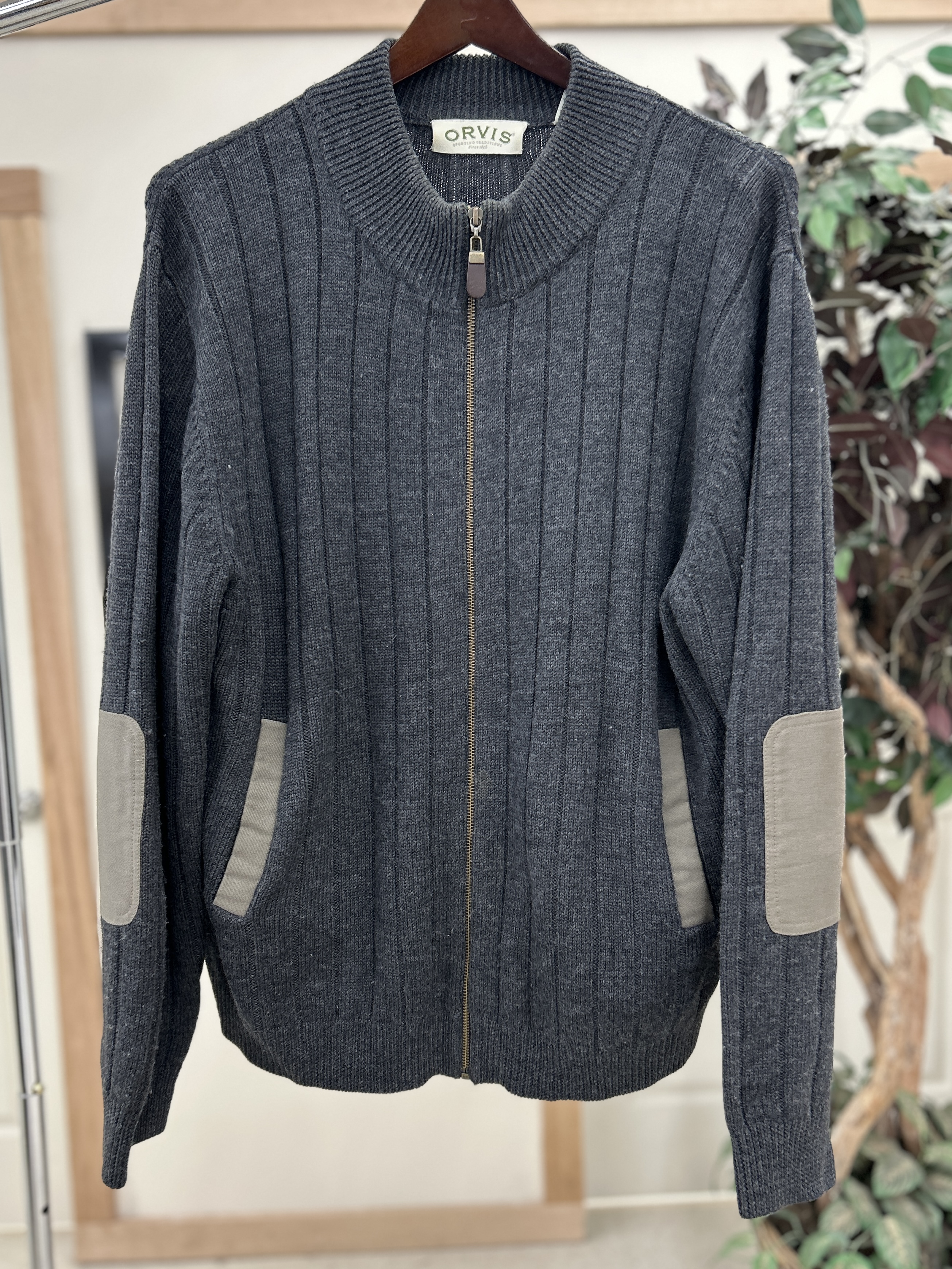 Vtg Orvis Distressed Elbow Patch Ribbed Wool Knit Full Zip Sweater