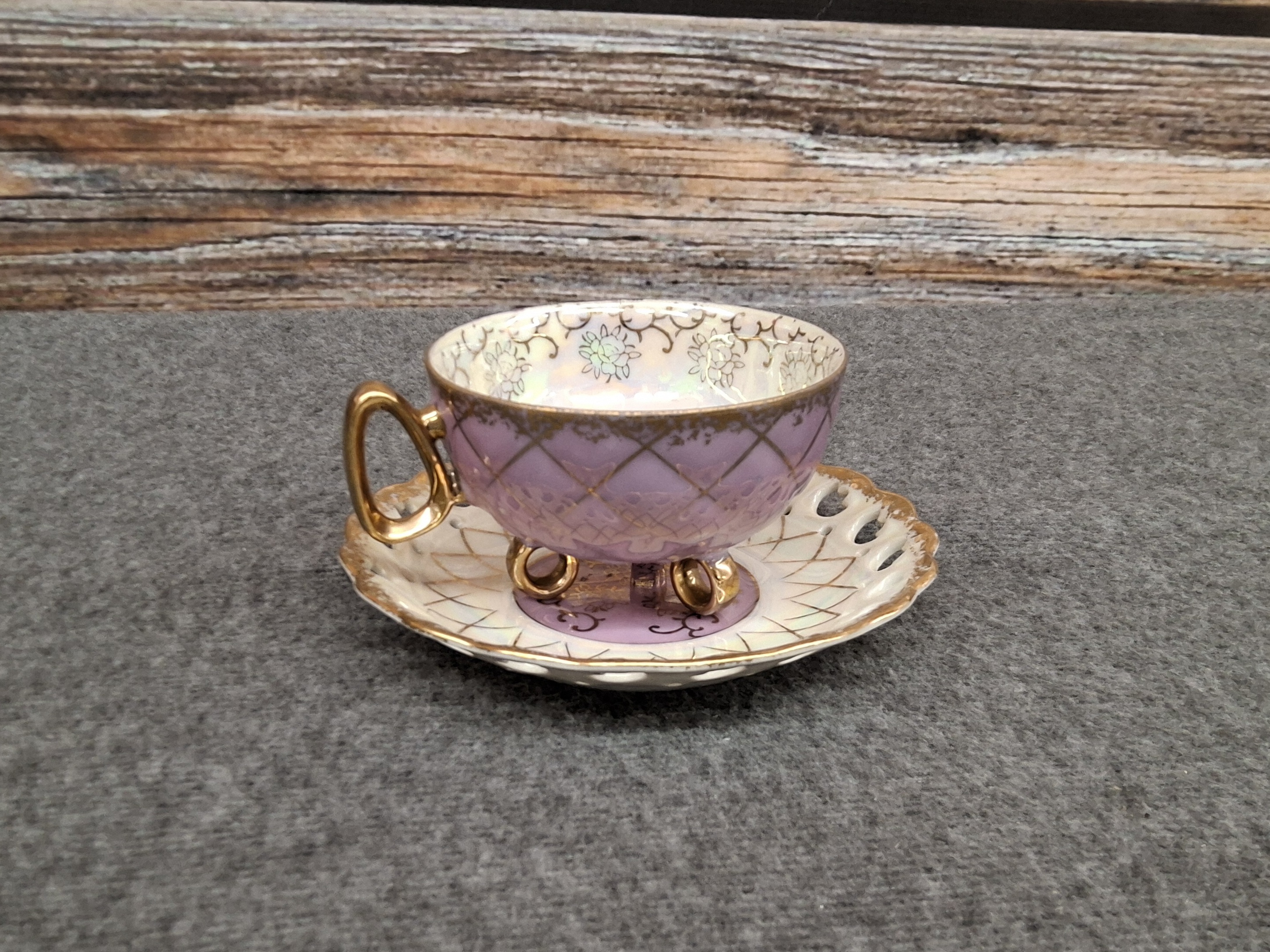 Vintage Enesco Japan Purple & Gold Footed Teacup with Saucer