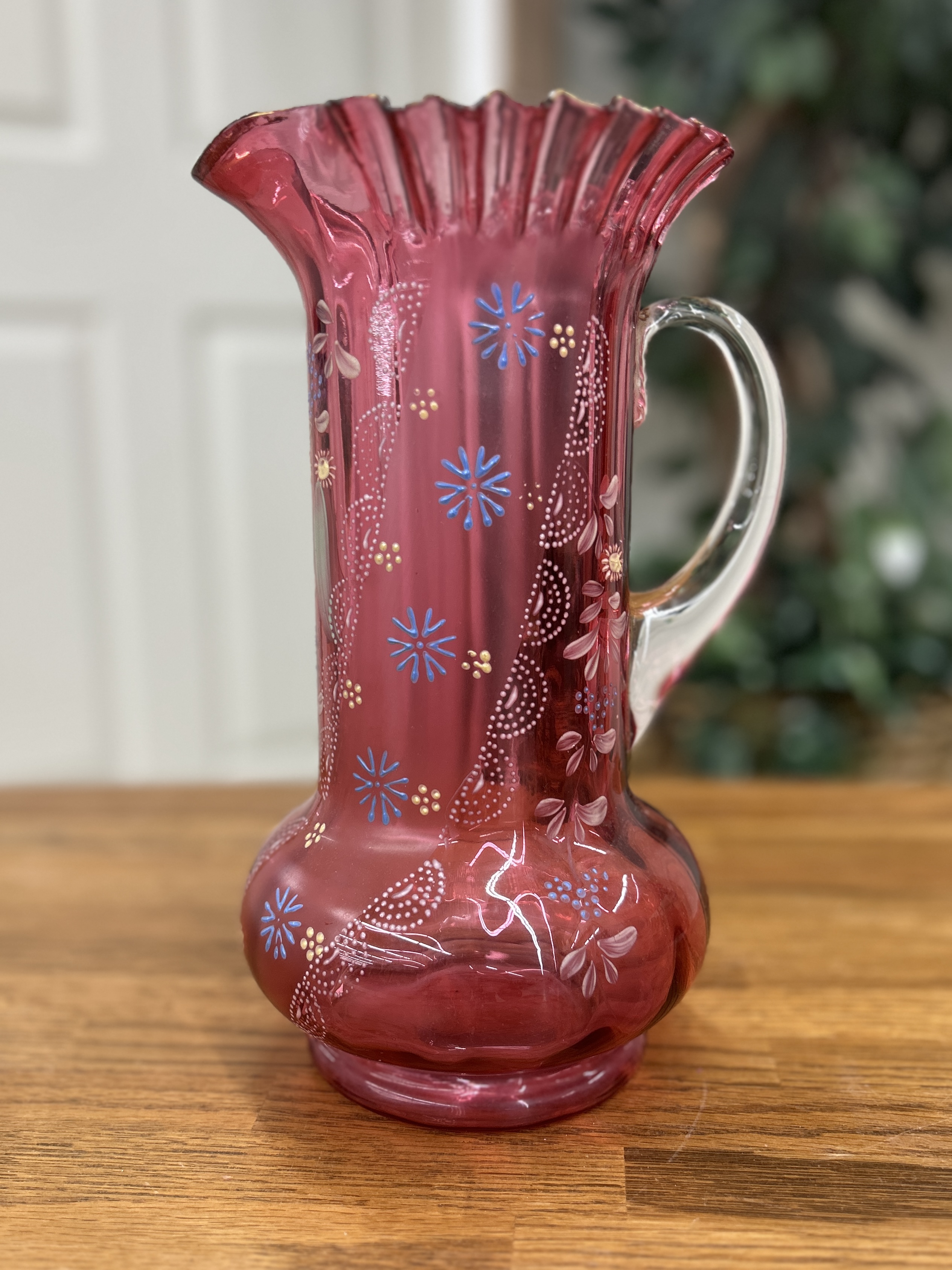 Hand-Painted Cranberry Glass Pitcher – Ruffled Rim, Enamel Flowers