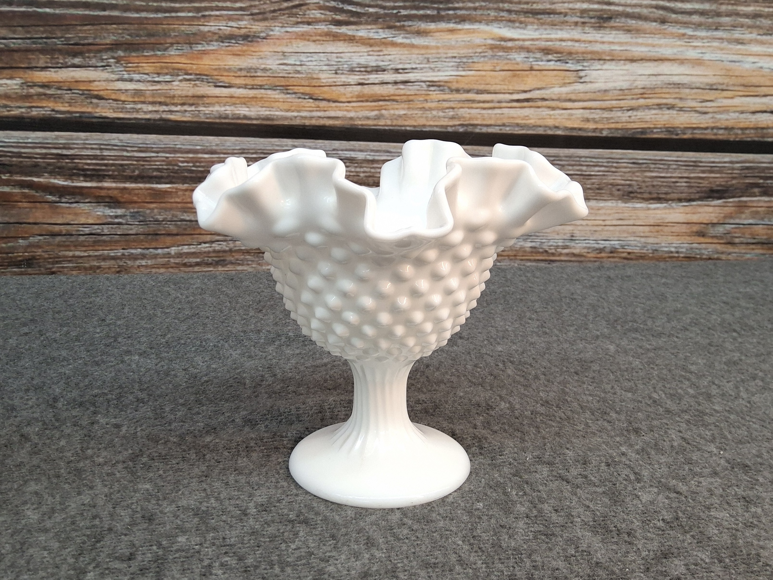 Vintage Fenton Milk Glass Hobnail Ruffled Compote