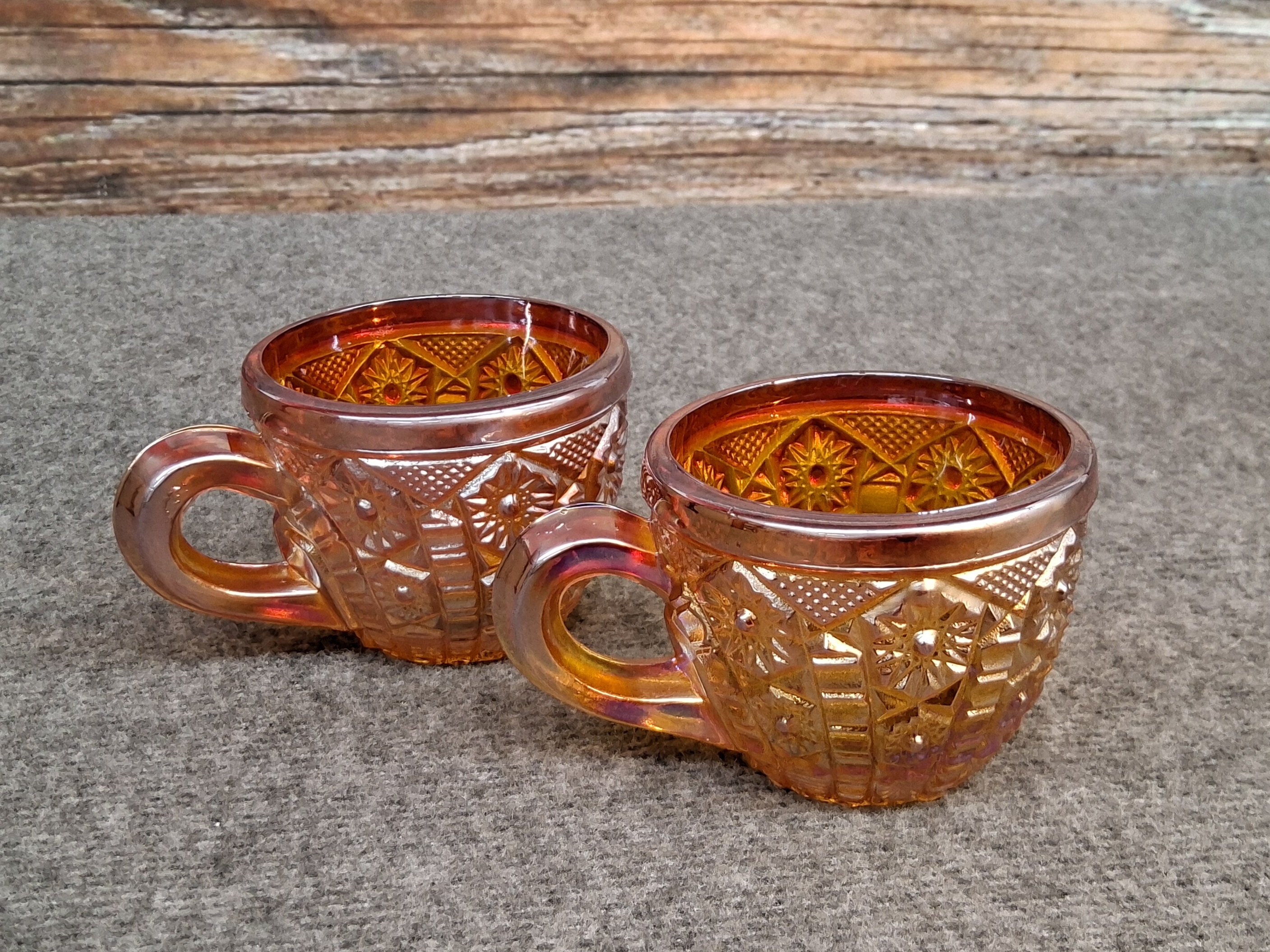 Vintage Amber Carnival Glass Mugs – Pair