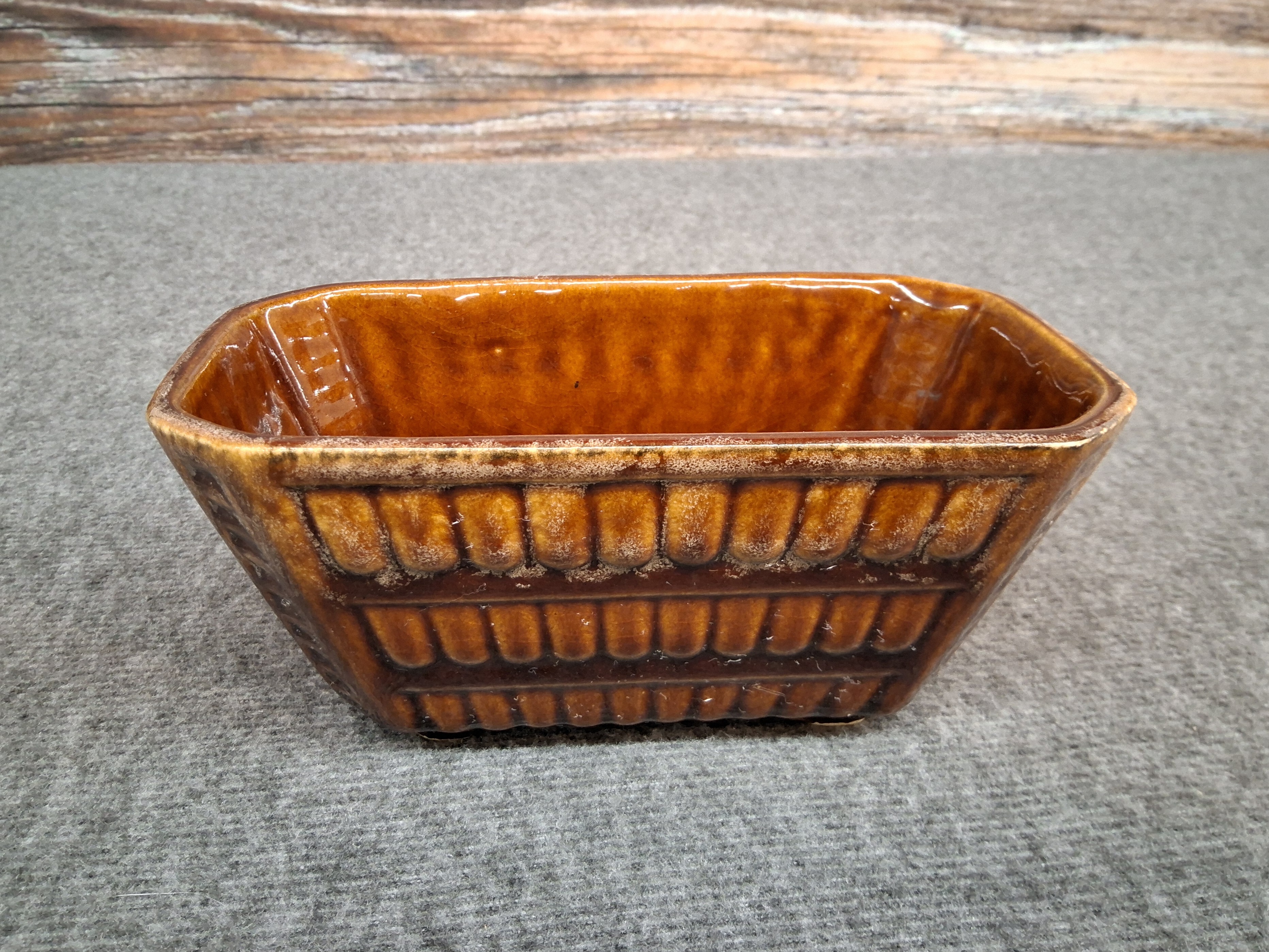 Vintage USA Brown Drip Glaze Rectangular Stoneware Planter