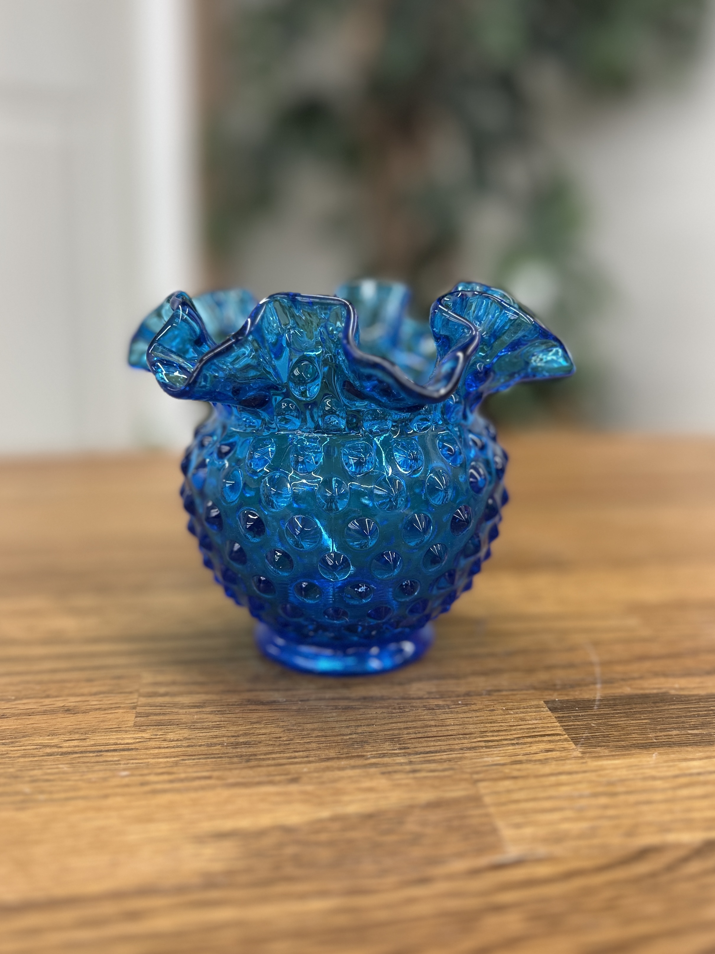 Fenton Cobalt Blue Hobnail Ruffled Glass Vase