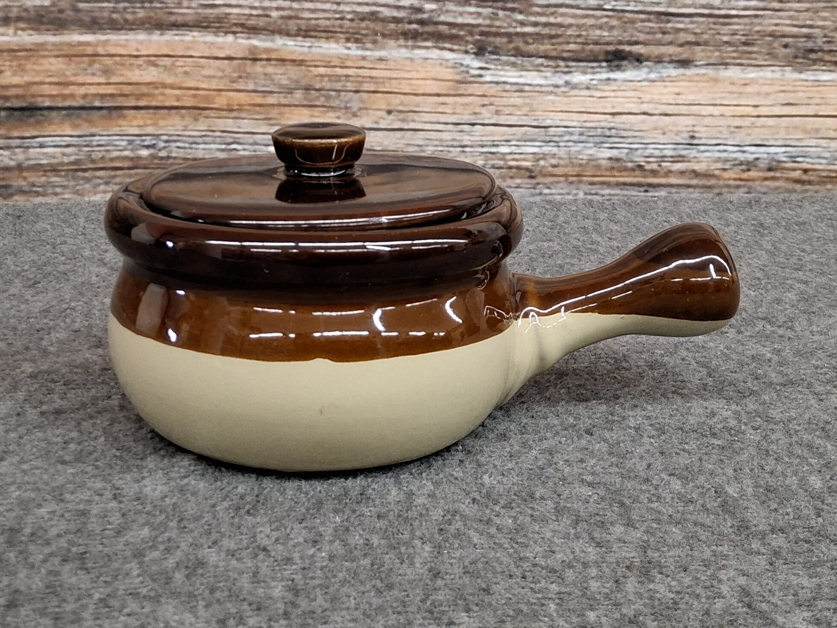 Vintage Interpur Taiwan Brown & Beige Stoneware Soup Crock with Lid