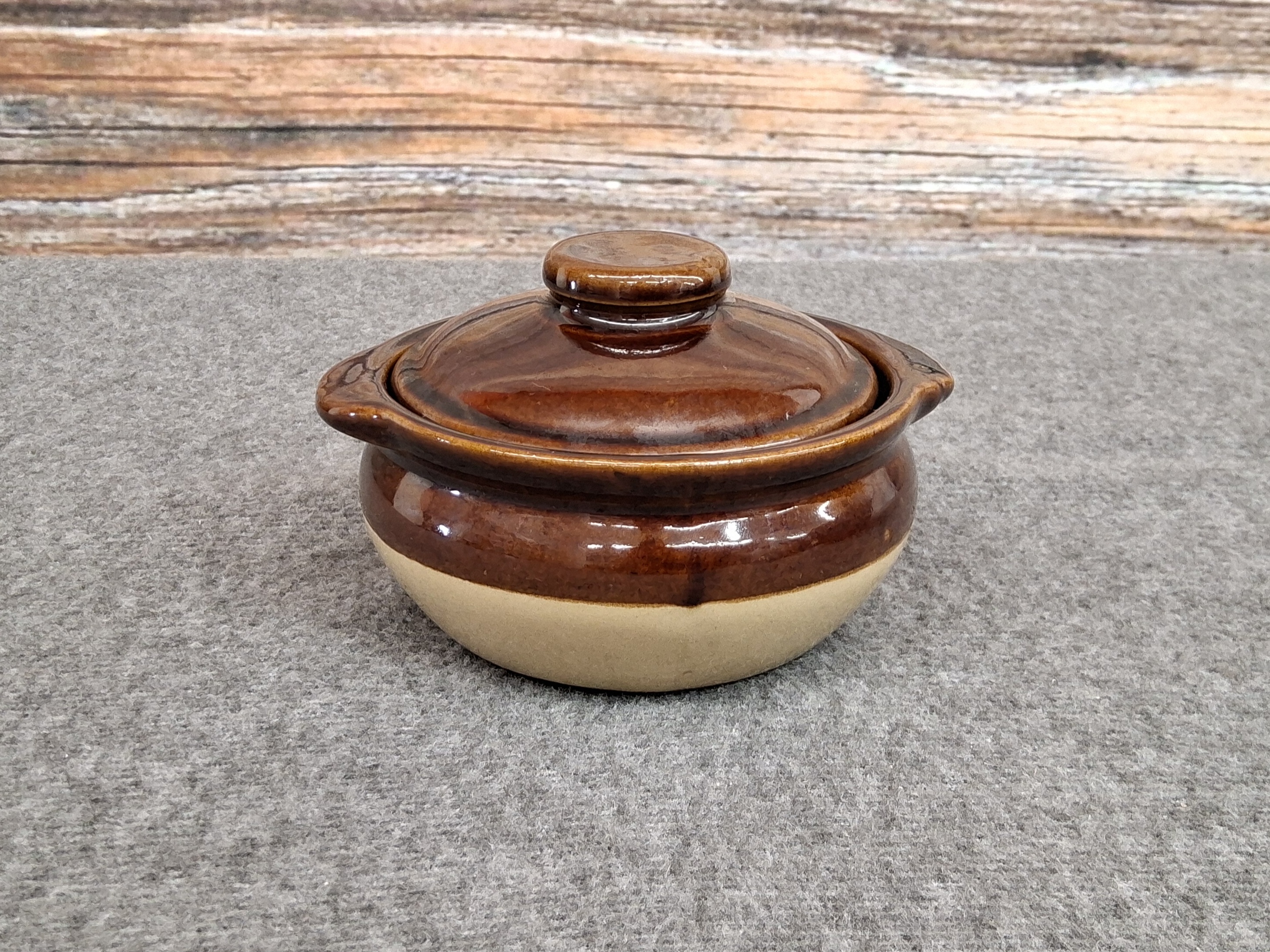 Vintage Brown Glazed Stoneware Bean Pot with Lid USA