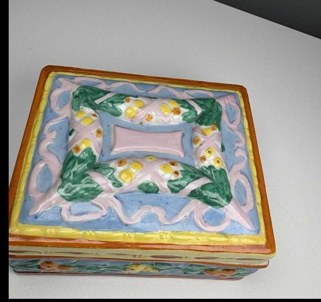 Decorative Trinket Box Multicolor Pastel Floral Relief Ceramic Glazed Cottagecore Shabby Chic
