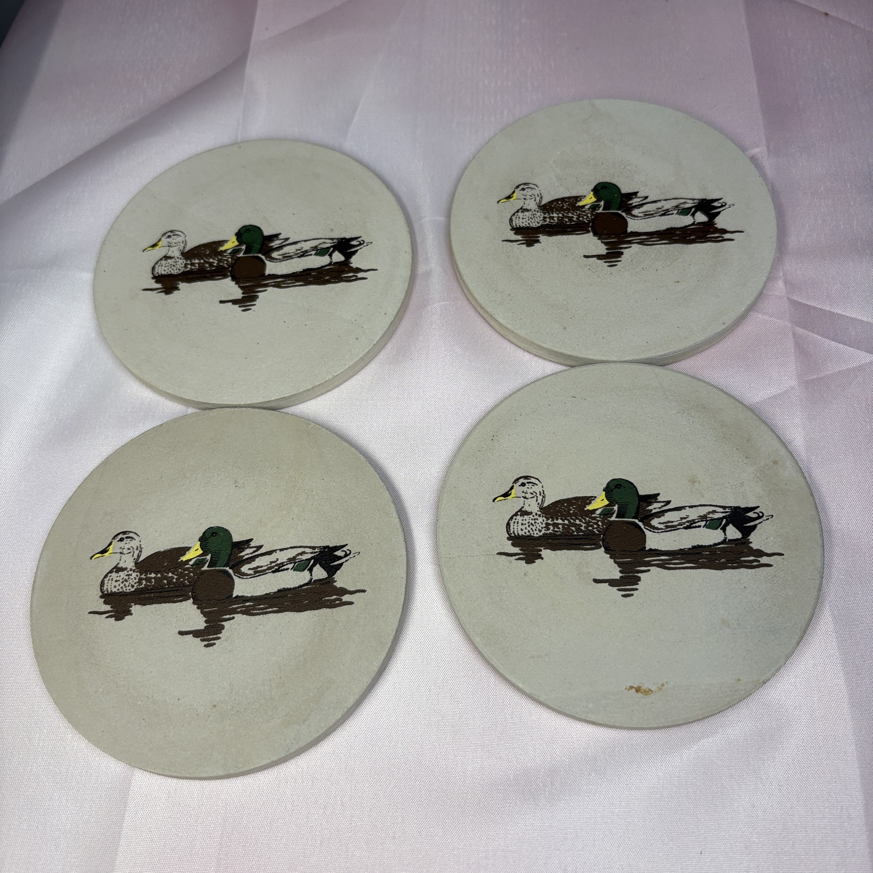 Coasters Set Of 4 Multicolor Vintage Stoneware Duck Mallard Illustration Rustic Wildlife