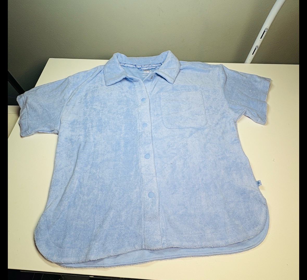 NWOT Athleta Girl Size 12 Blue Button Down Terry Cloth Short Sleeve Beach Pool