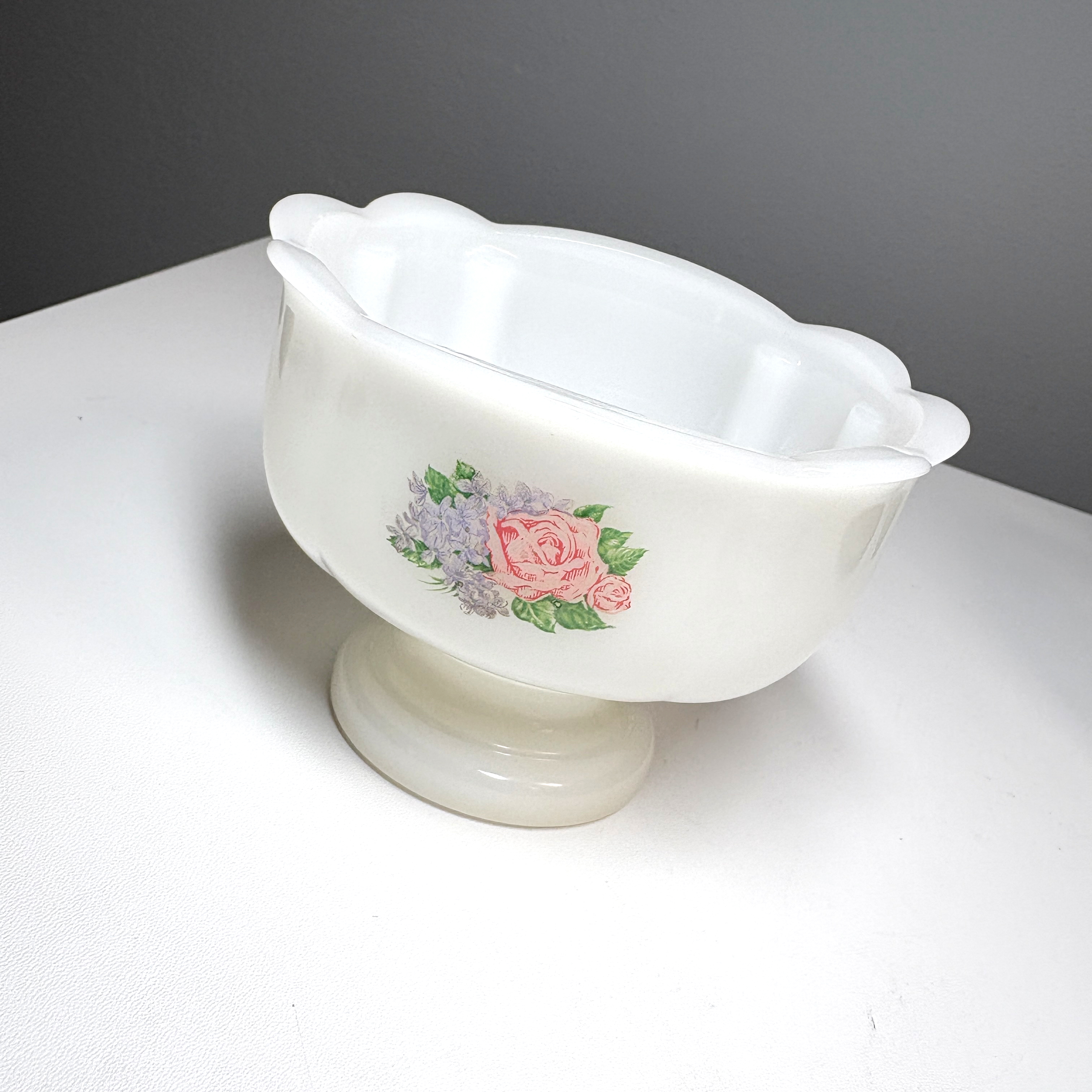 Vintage Milk Glass Pedestal Compote White Pink Roses Floral Scalloped Footed