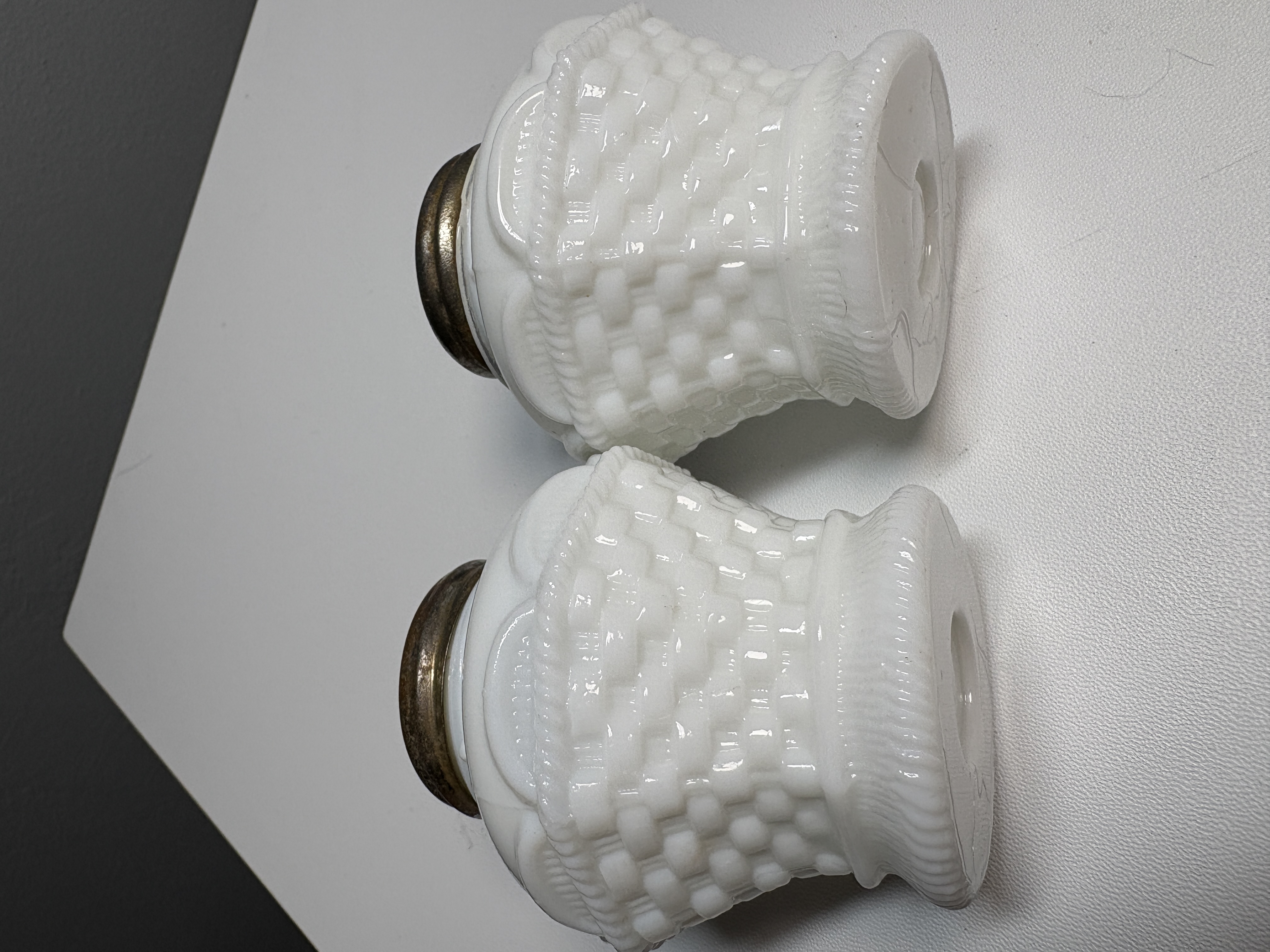 Rare Butler Bros. C473 1916 Opal Milk Glass Basketweave Salt Pepper Shakers