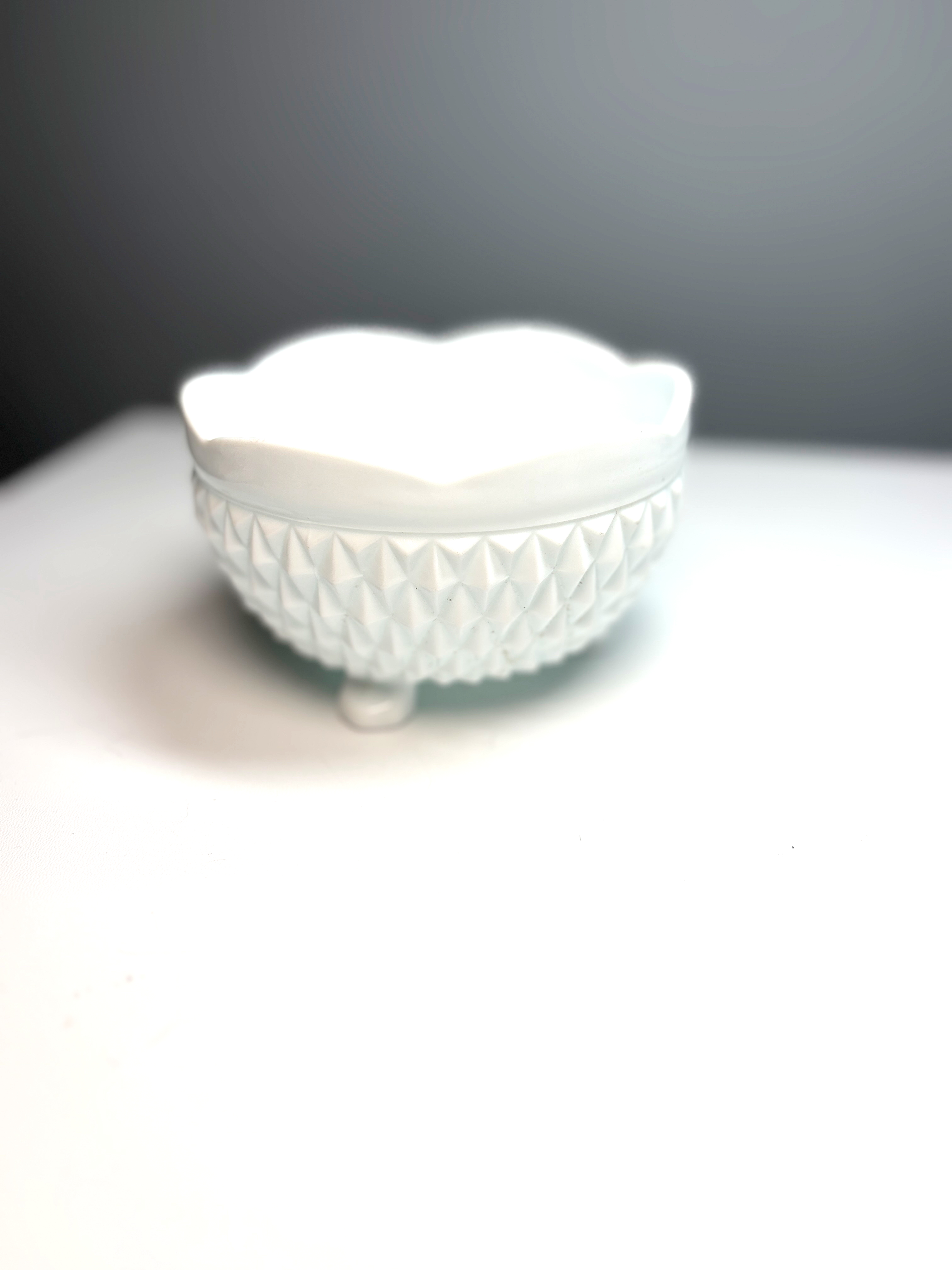 Indiana Glass Vintage Milk Glass Diamond Pattern Three Footed Candy Dish