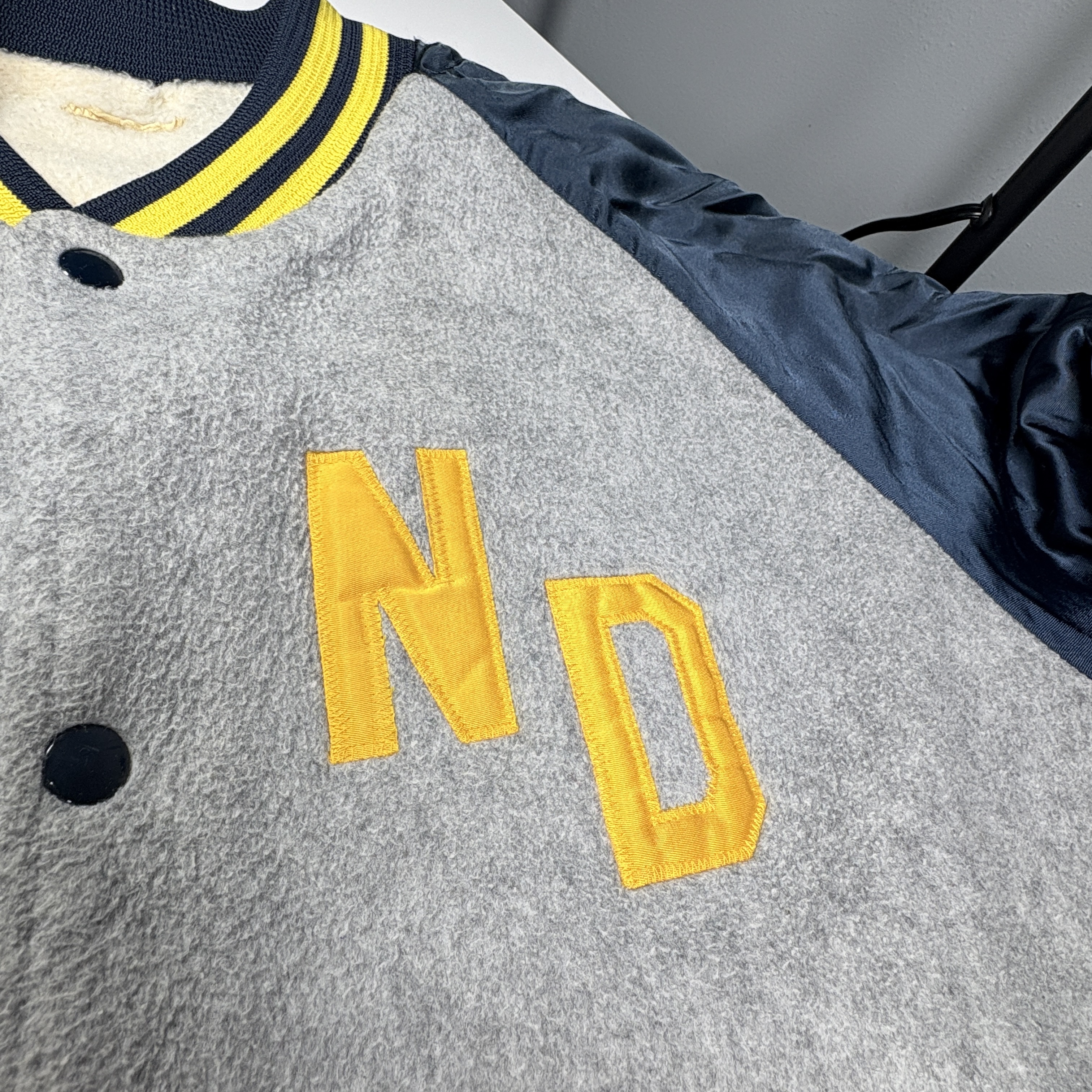 Vintage Varsity Jacket Mens Grey Navy Yellow ND Lettering Collegiate