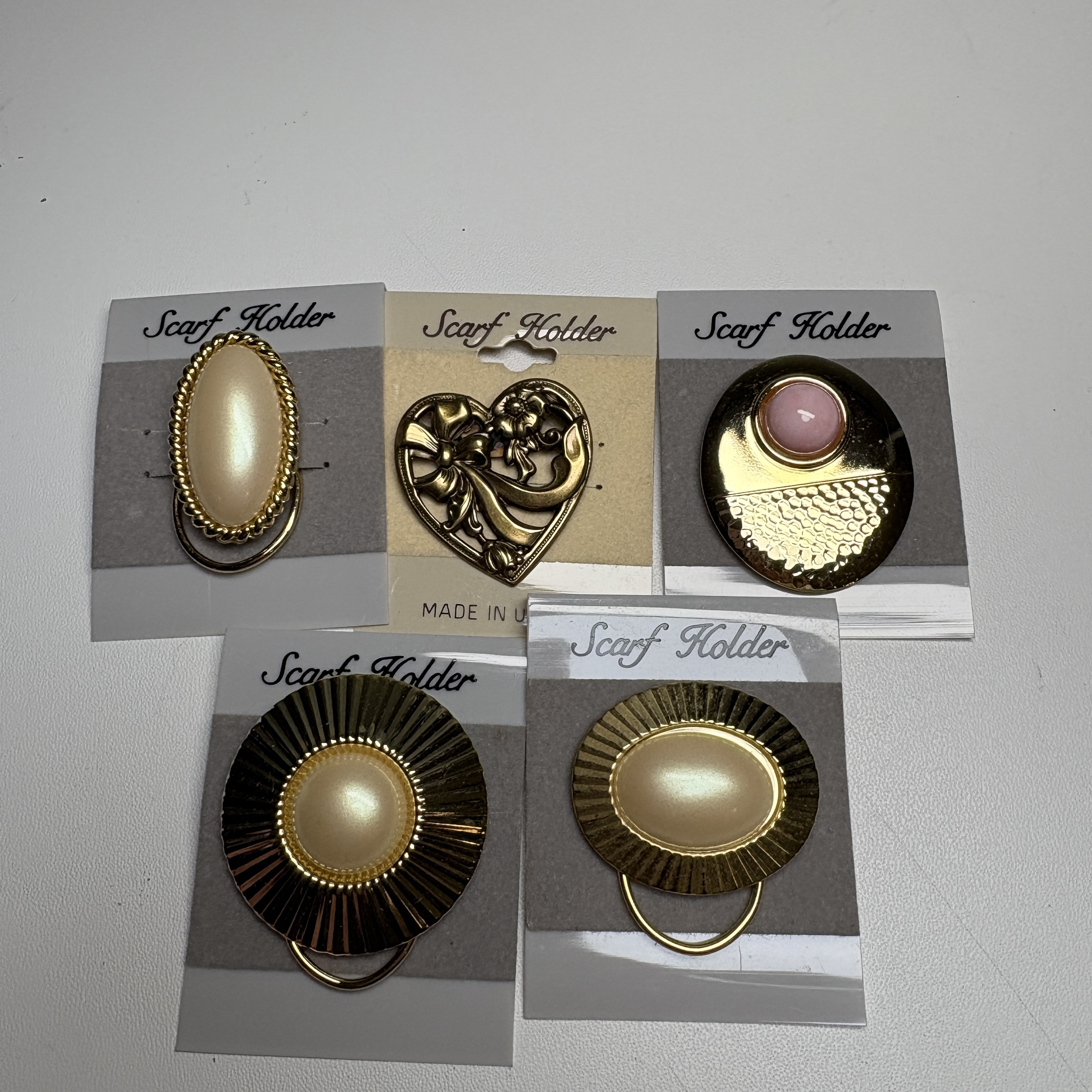 NWT Deadstock Vintage Scarf Holders Gold Toned Multi Design 90s Retro Chic