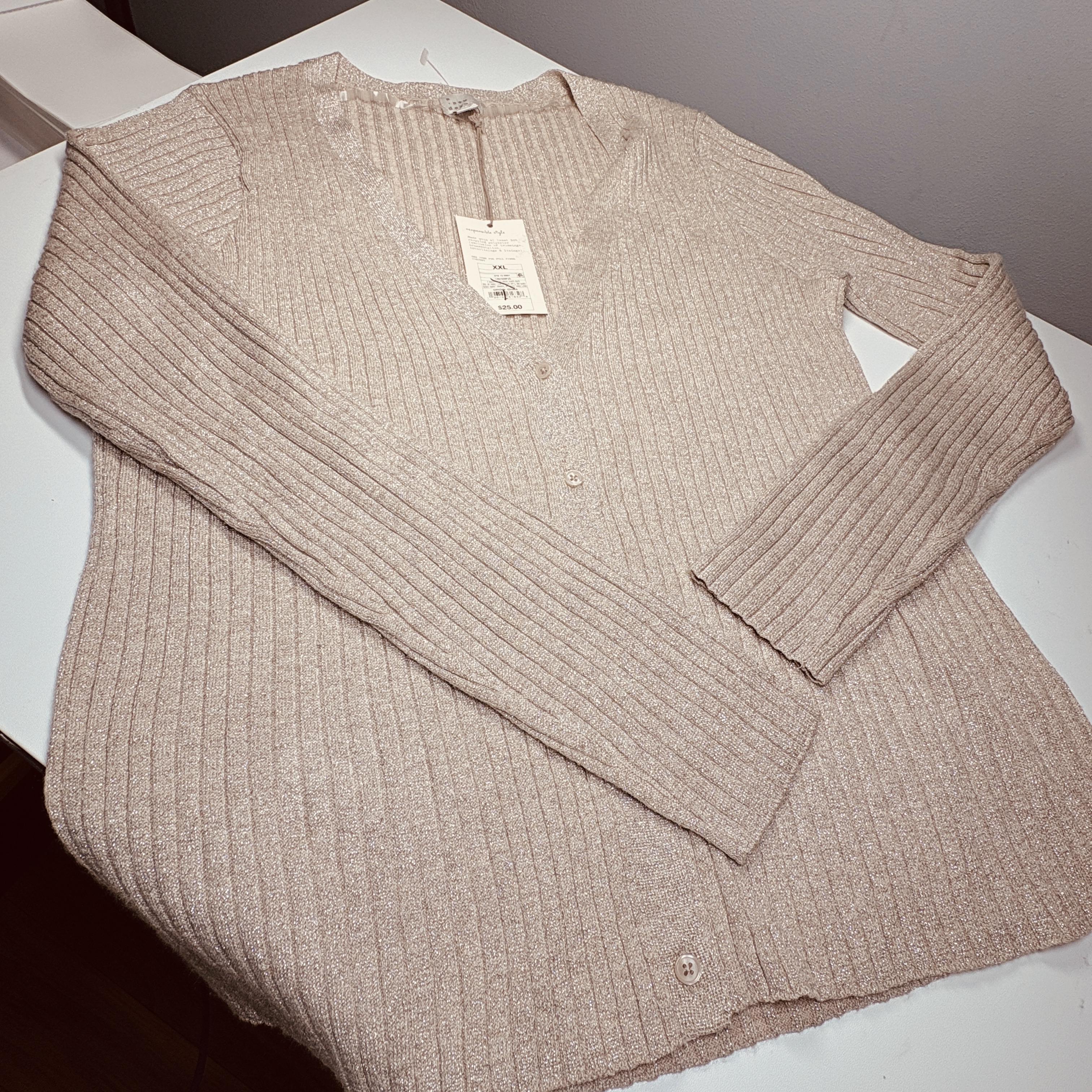 NWT A New Day Womens XXL Light Gold Shimmer Ribbed Knit Button Cardigan