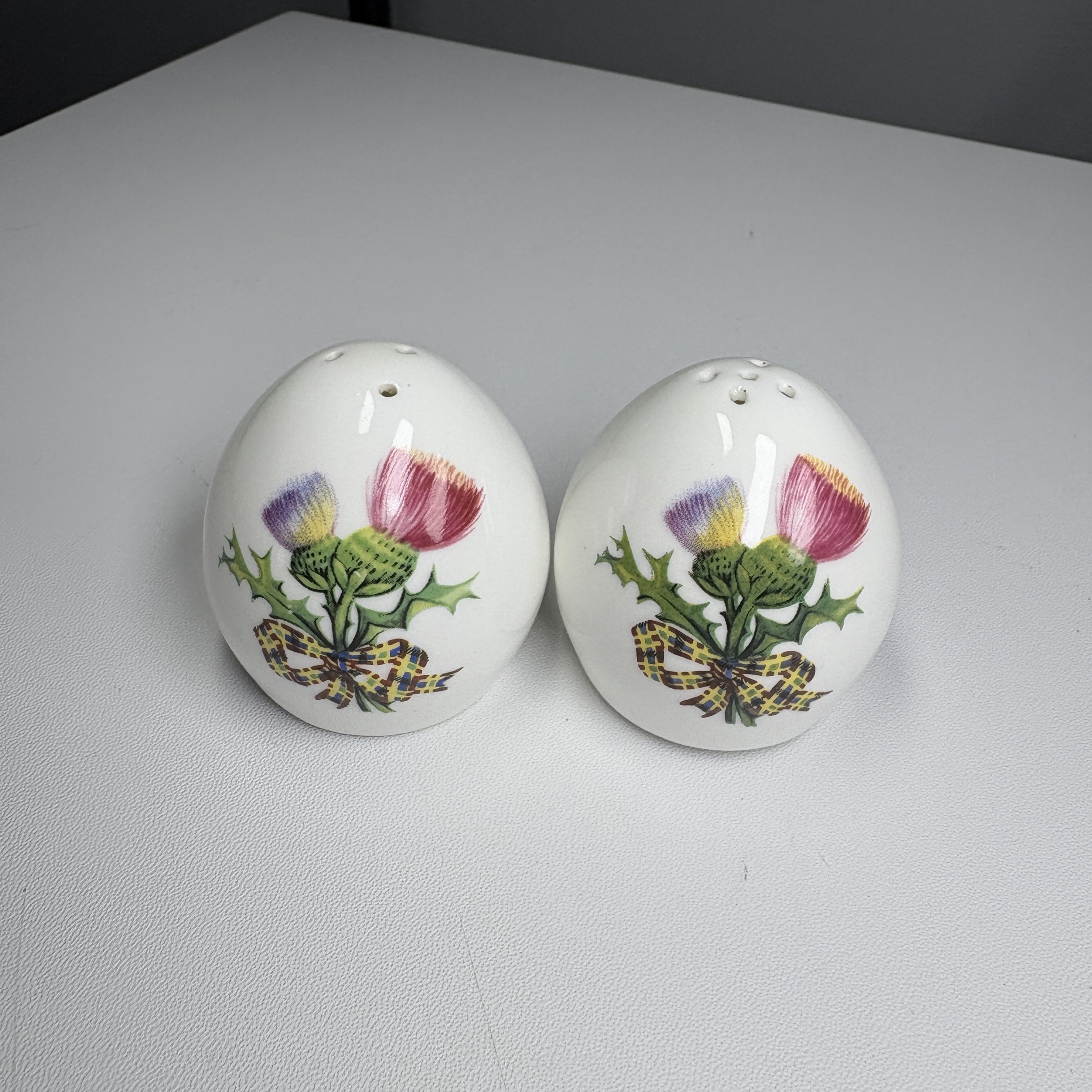 Royal Sandford Bone China Thistle Salt Pepper Shakers White Double Sided