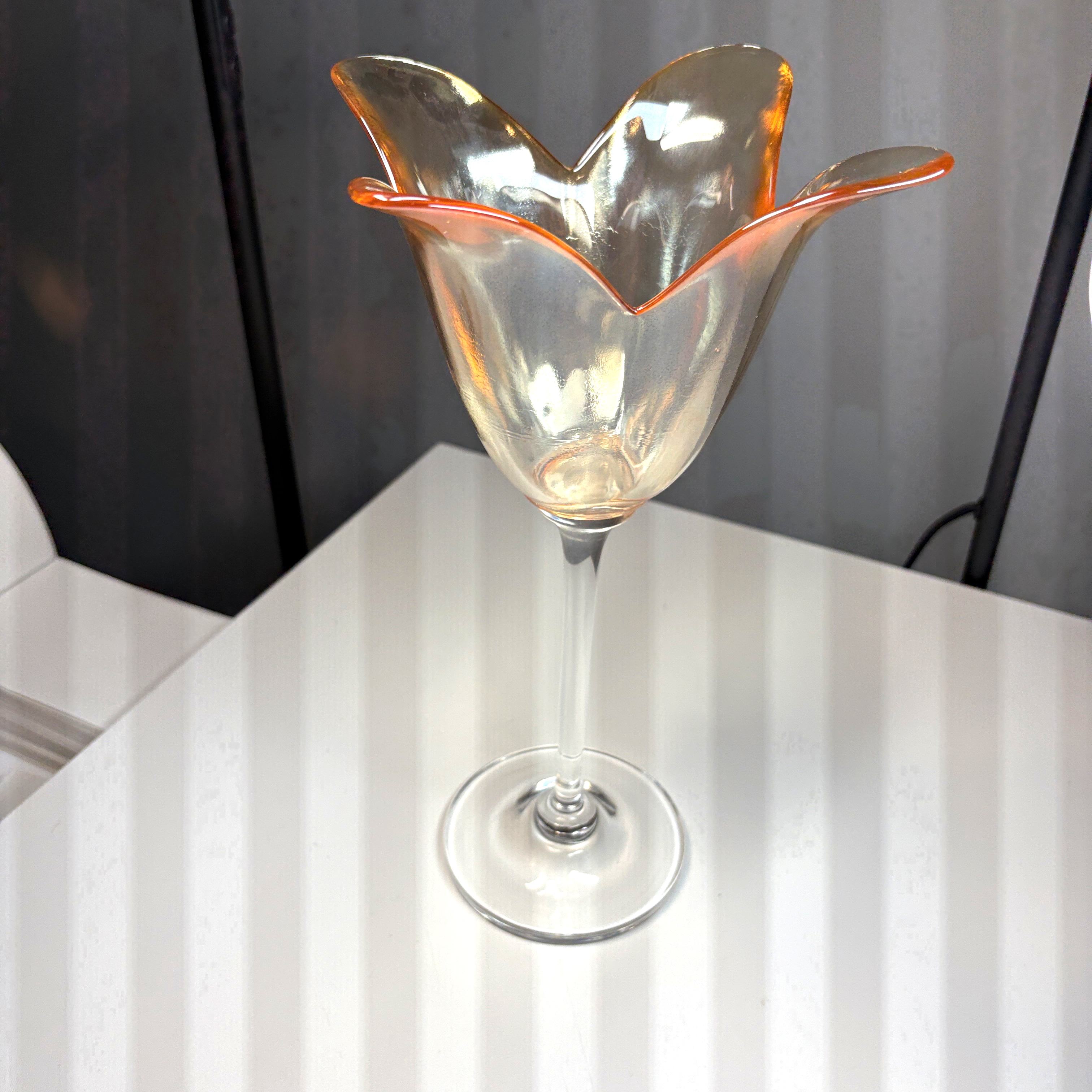 JM Glass Lusterware long stem glass peach tulip