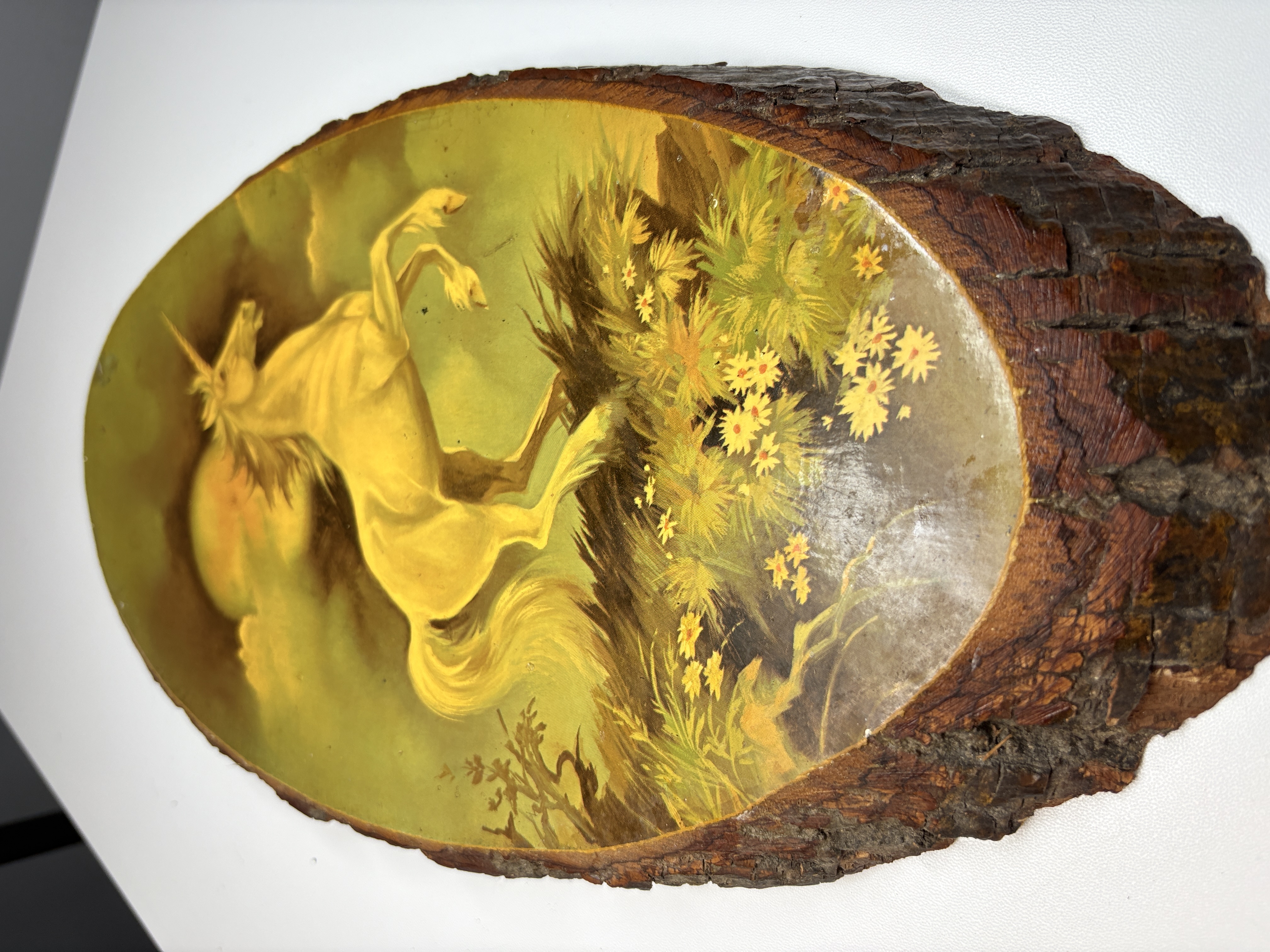 Vintage Unicorn Wall Plaque on Wood Slice , 70s/80s