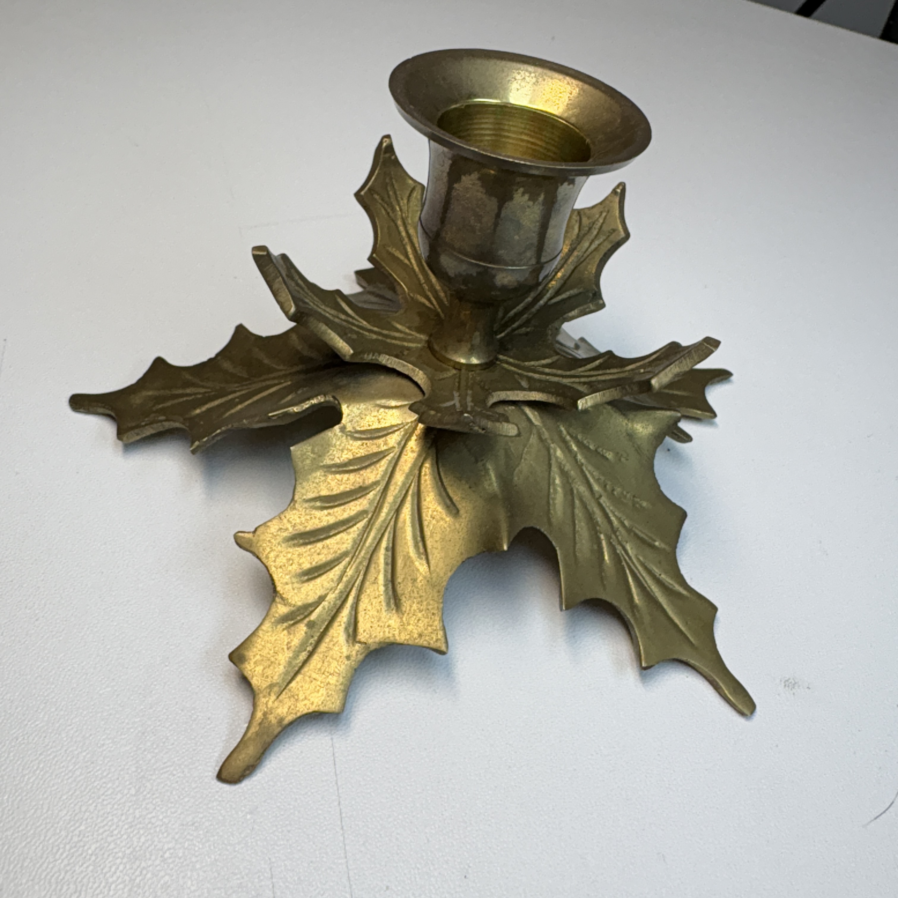 Vintage Brass Holly Leaf Candle Holder,  Made in India