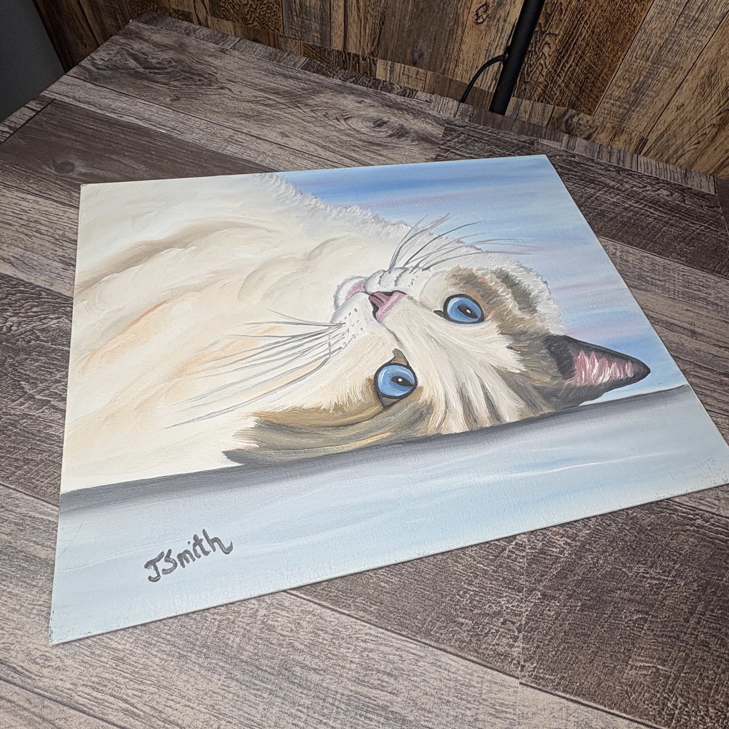 Hand-Painted Cat Portrait on Canvas — Blue-Eyed Ragdoll Style — Signed “J. Smith”