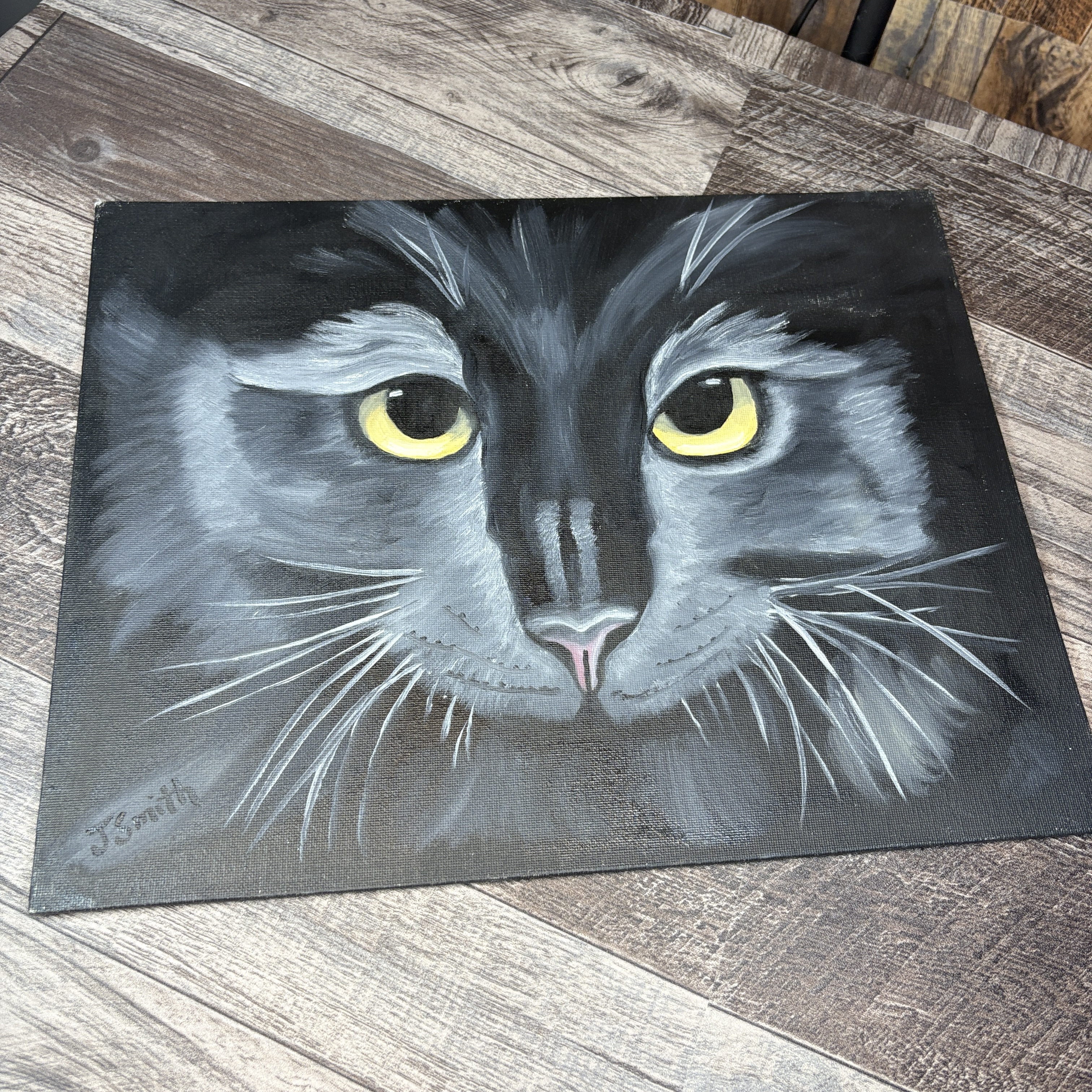 Original Black Cat Painting on Canvas — Yellow Eyes — Signed “J. Smith”