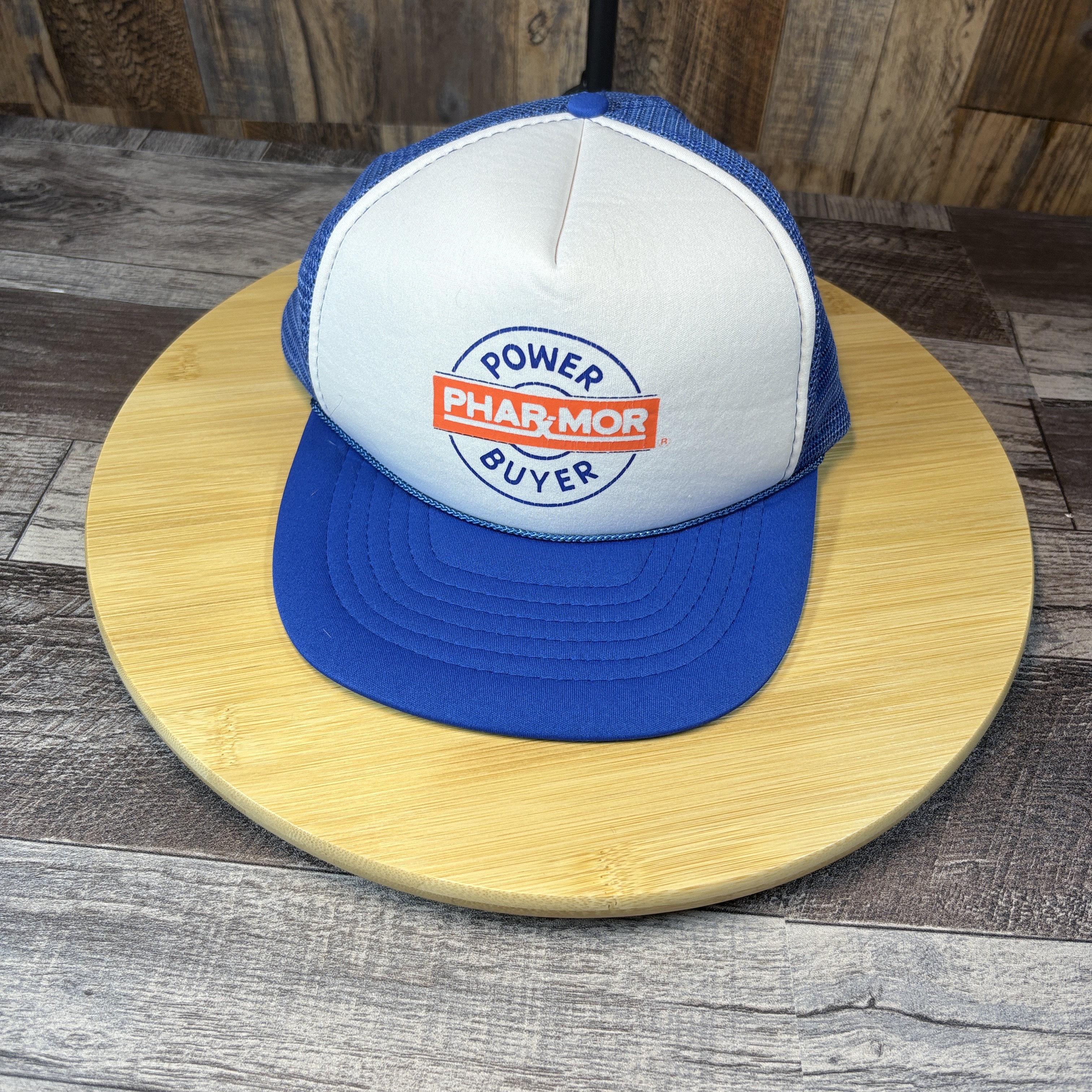 Vintage Phar-Mor “Power Buyer” Trucker Hat – Blue & White Mesh Snapback – 1980s Promotional Cap