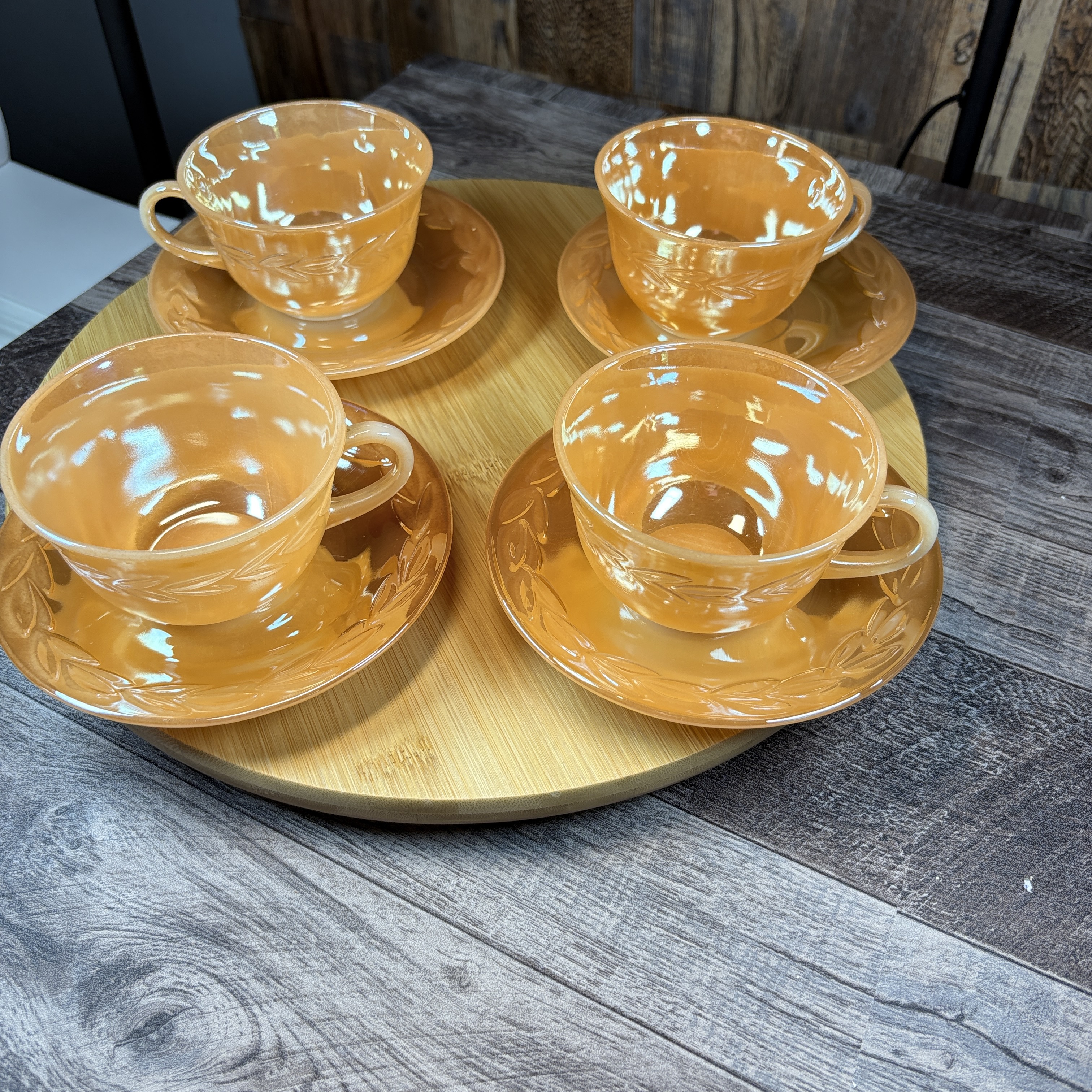 Vintage Fire-King Peach Lustre “Laurel” Teacup & Saucer Set (4 Sets)