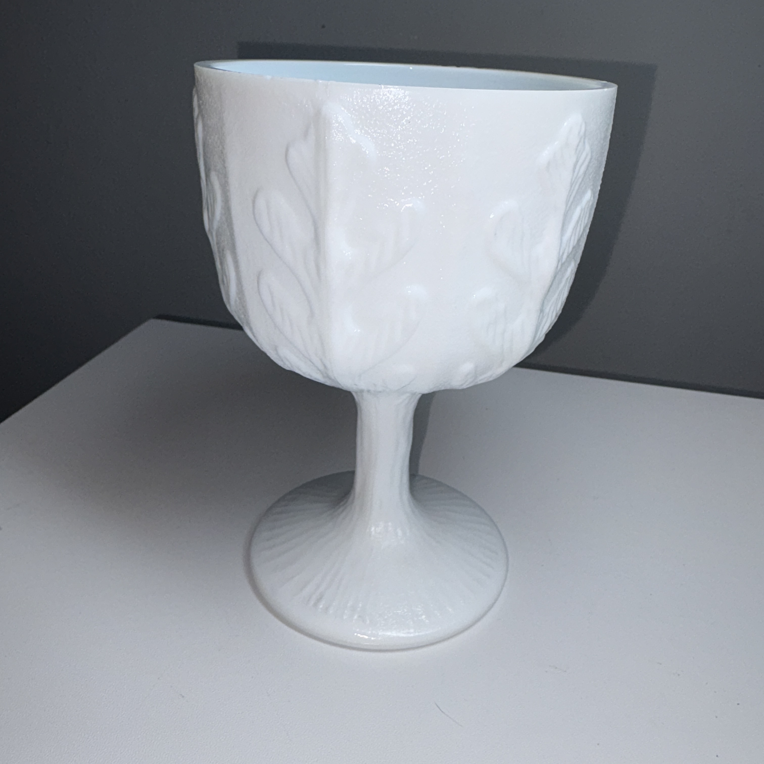 Vintage Milk Glass Goblet Vase – Leaf Embossed Pedestal Cup – White Glass Planter Mystery Vintage earrings