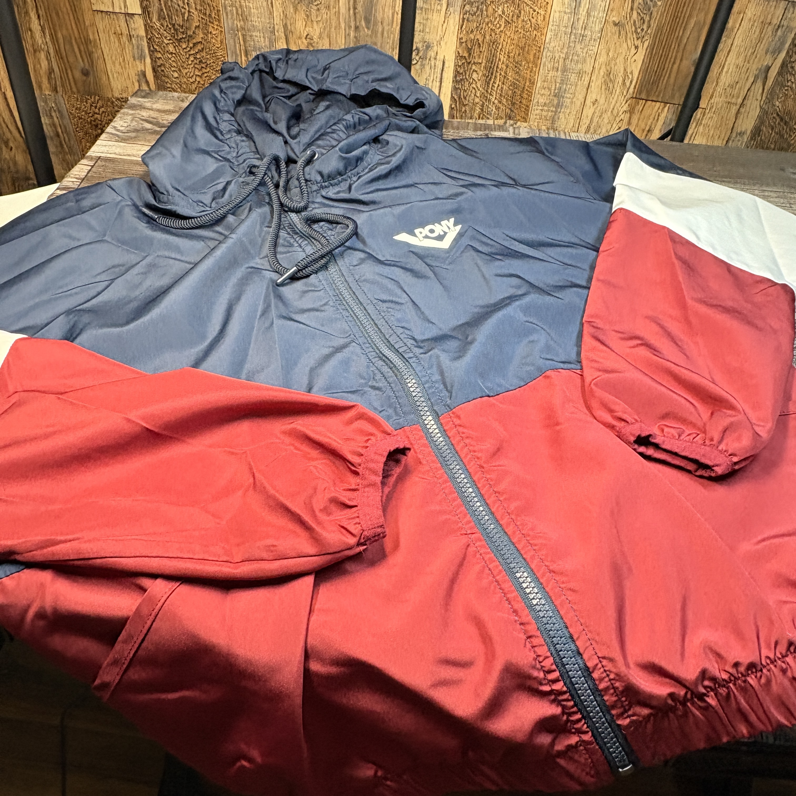 Vintage Pony Windbreaker Jacket — Red, Navy & White | Size M
