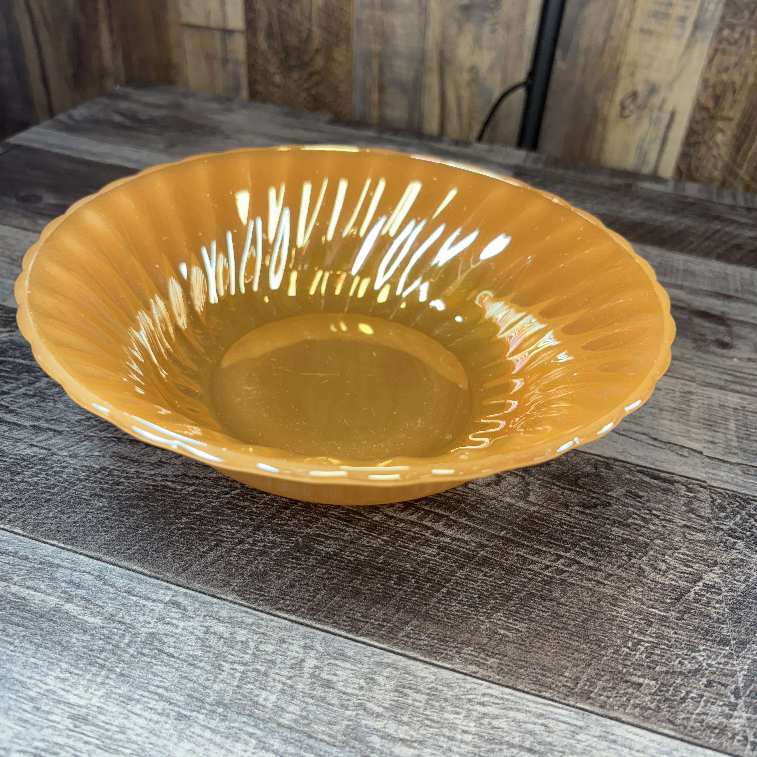 Vintage Fire-King Anchor Hocking Amber Swirl Bowl – Made in USA – 8.5” Iridescent Glass