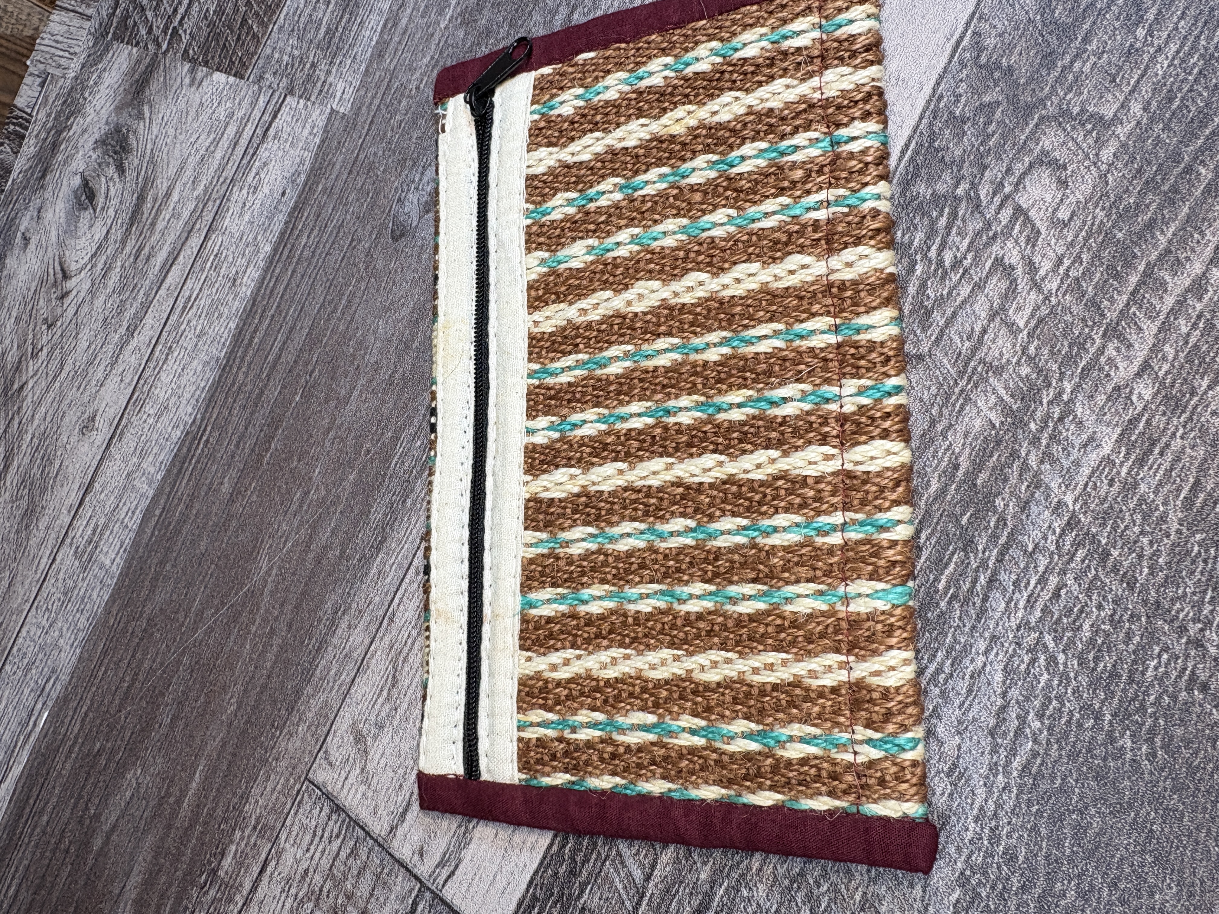 Handmade Woven Zip Pouch | Southwest Boho Stripe Pattern | Rustic Brown & Teal Travel Bag