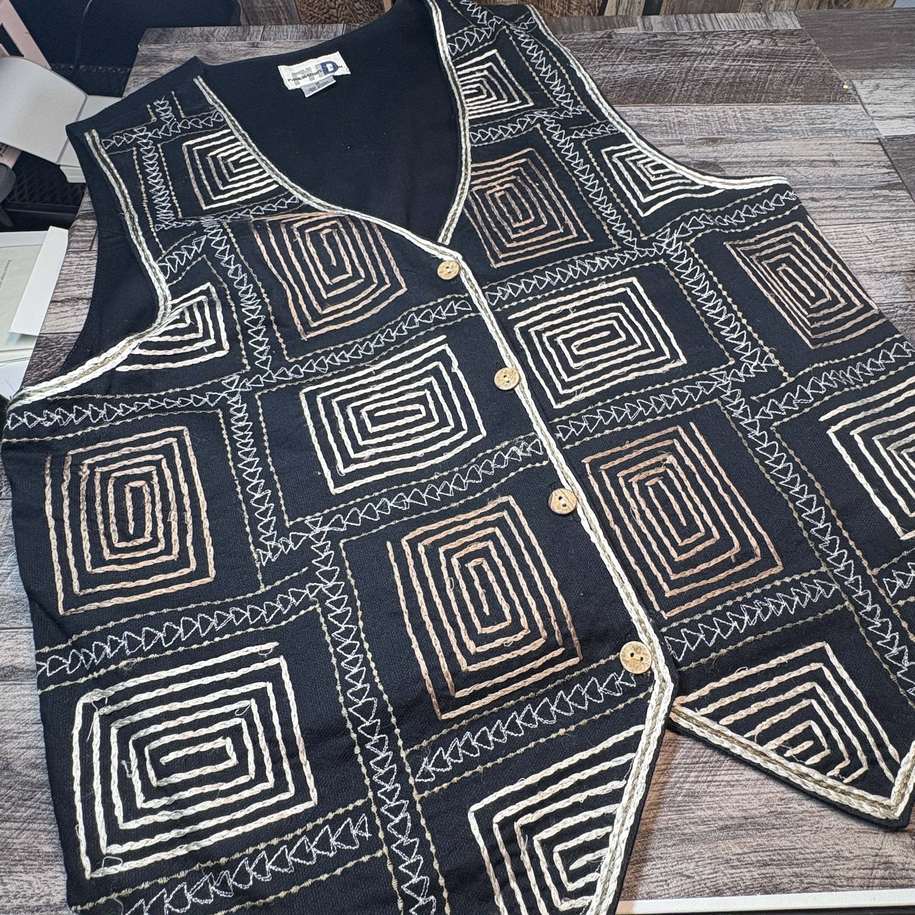 Vintage Paul Harris Design Embroidered Cotton Vest – Geometric Pattern
