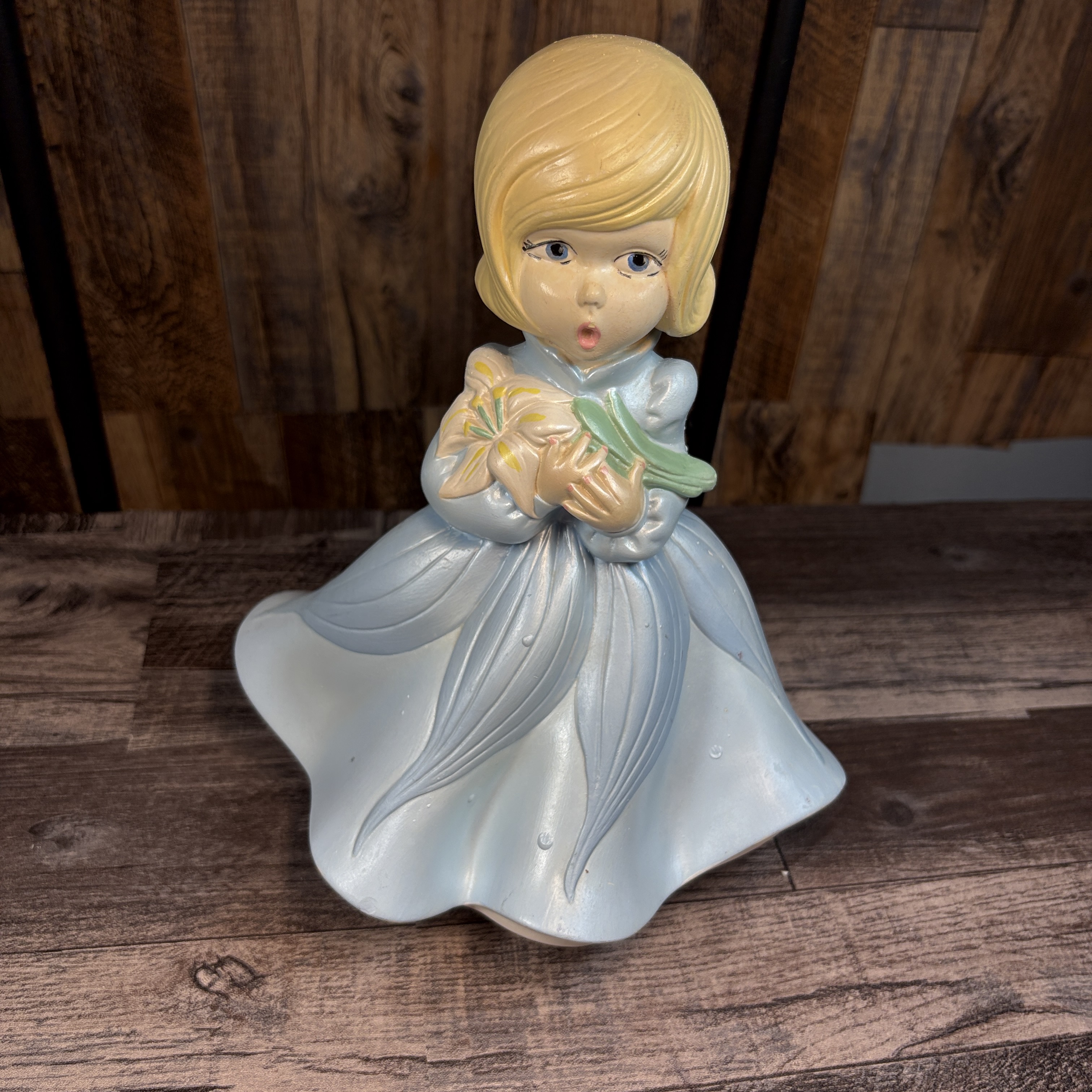 Vintage Atlantic Mold Girl Figurine – Blue Dress w/ Flowers – Ceramic Collectible – Handmade Studio Piece
