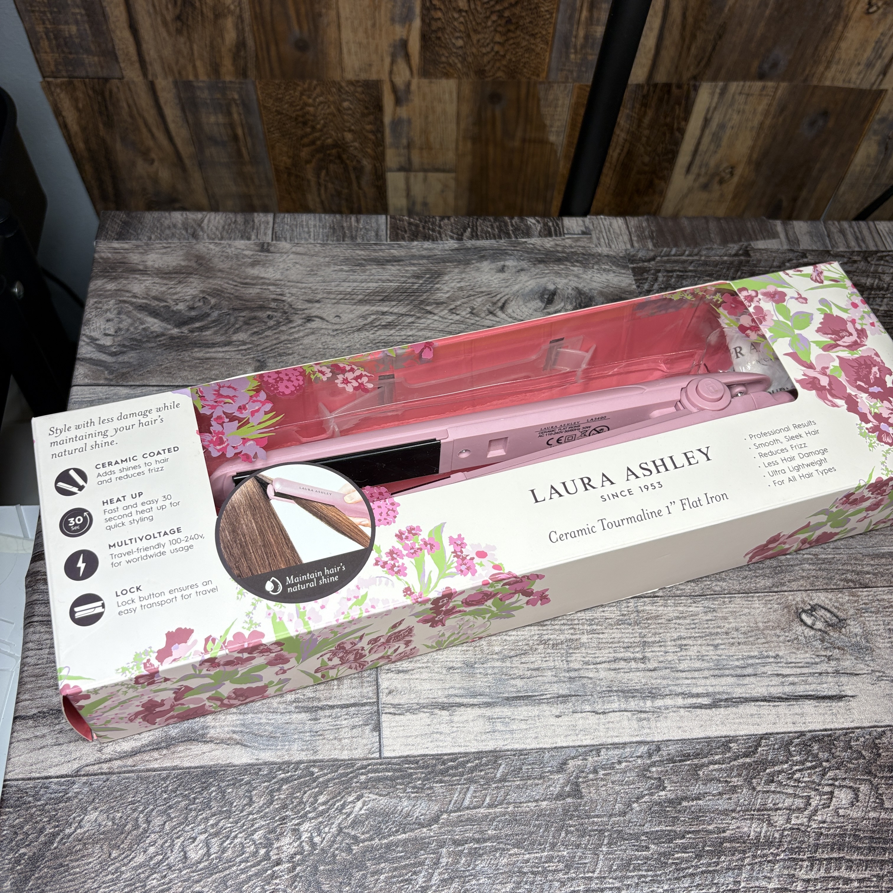 Laura Ashley Ceramic Tourmaline 1” Flat Iron – Pink Floral – New in Box