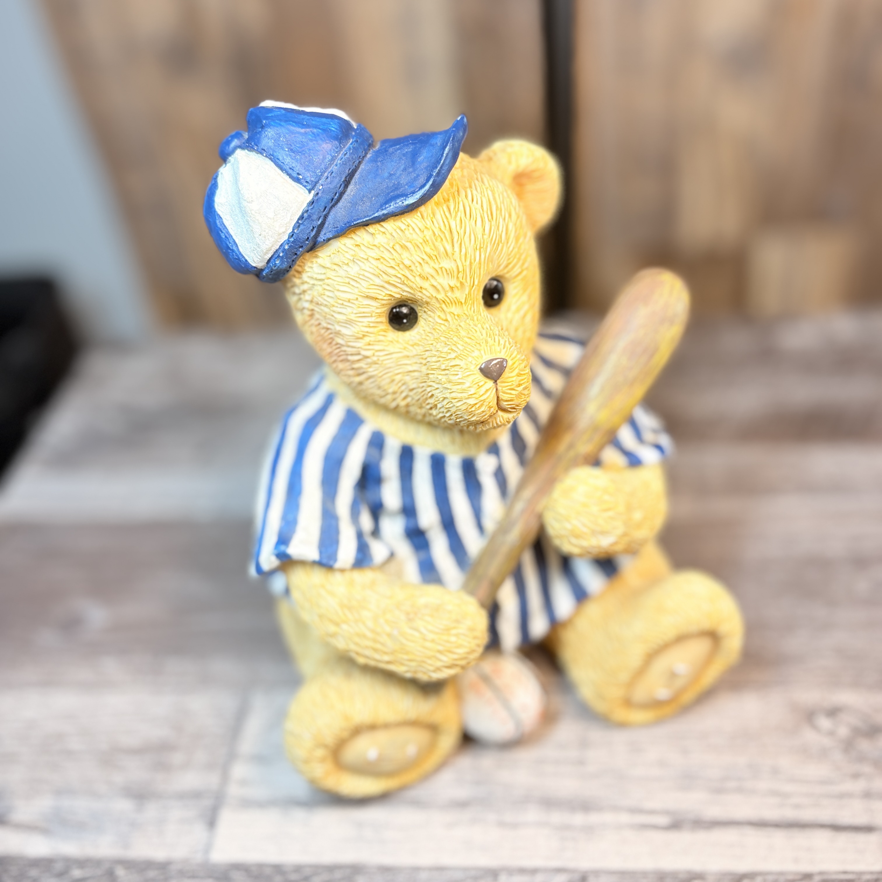 Vintage Baseball Bear Coin Bank – Blue & White Stripe Jersey – Ceramic Figurine