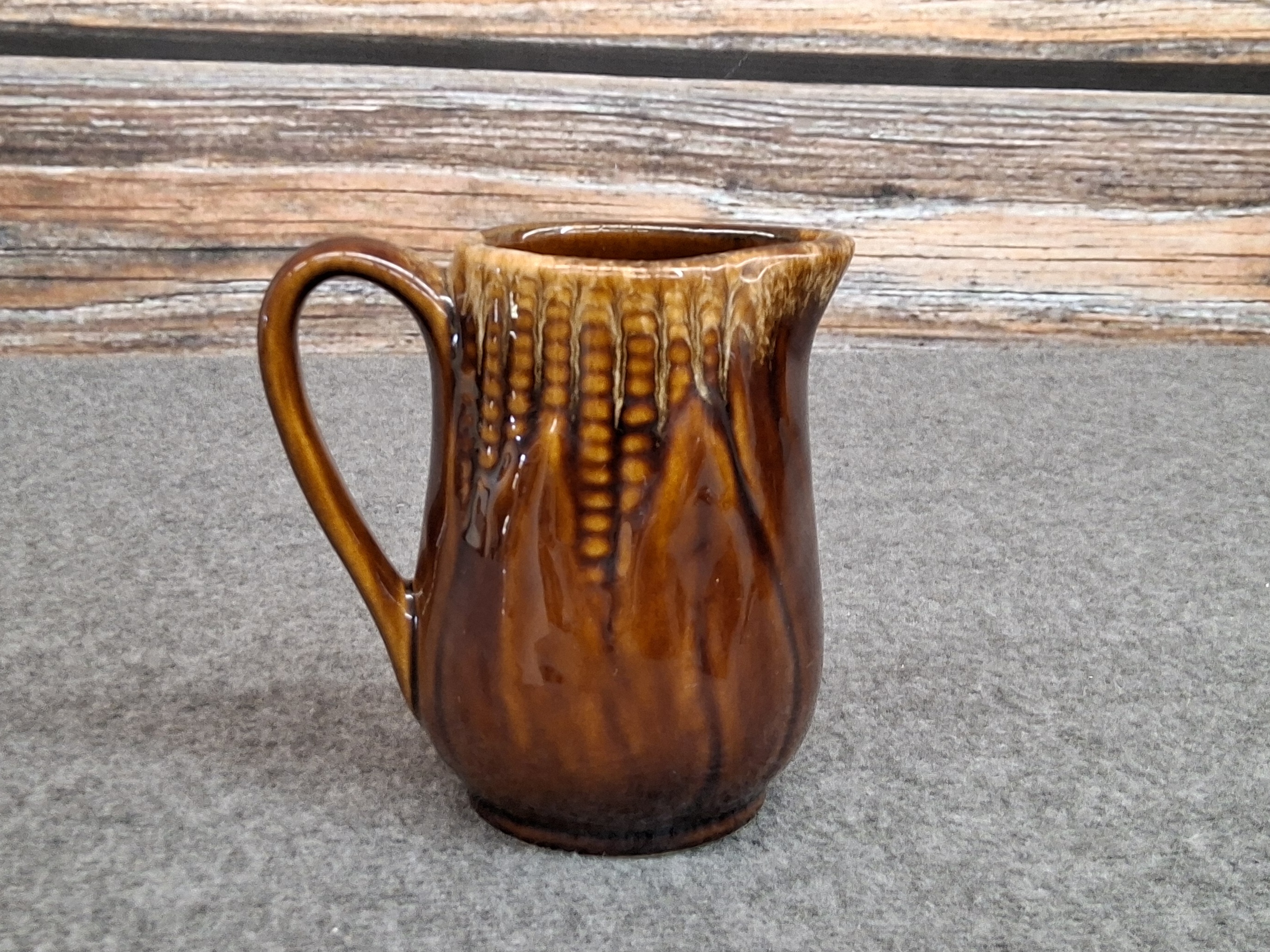 Vintage Brown Drip Glaze Corn Motif Stoneware Pitcher