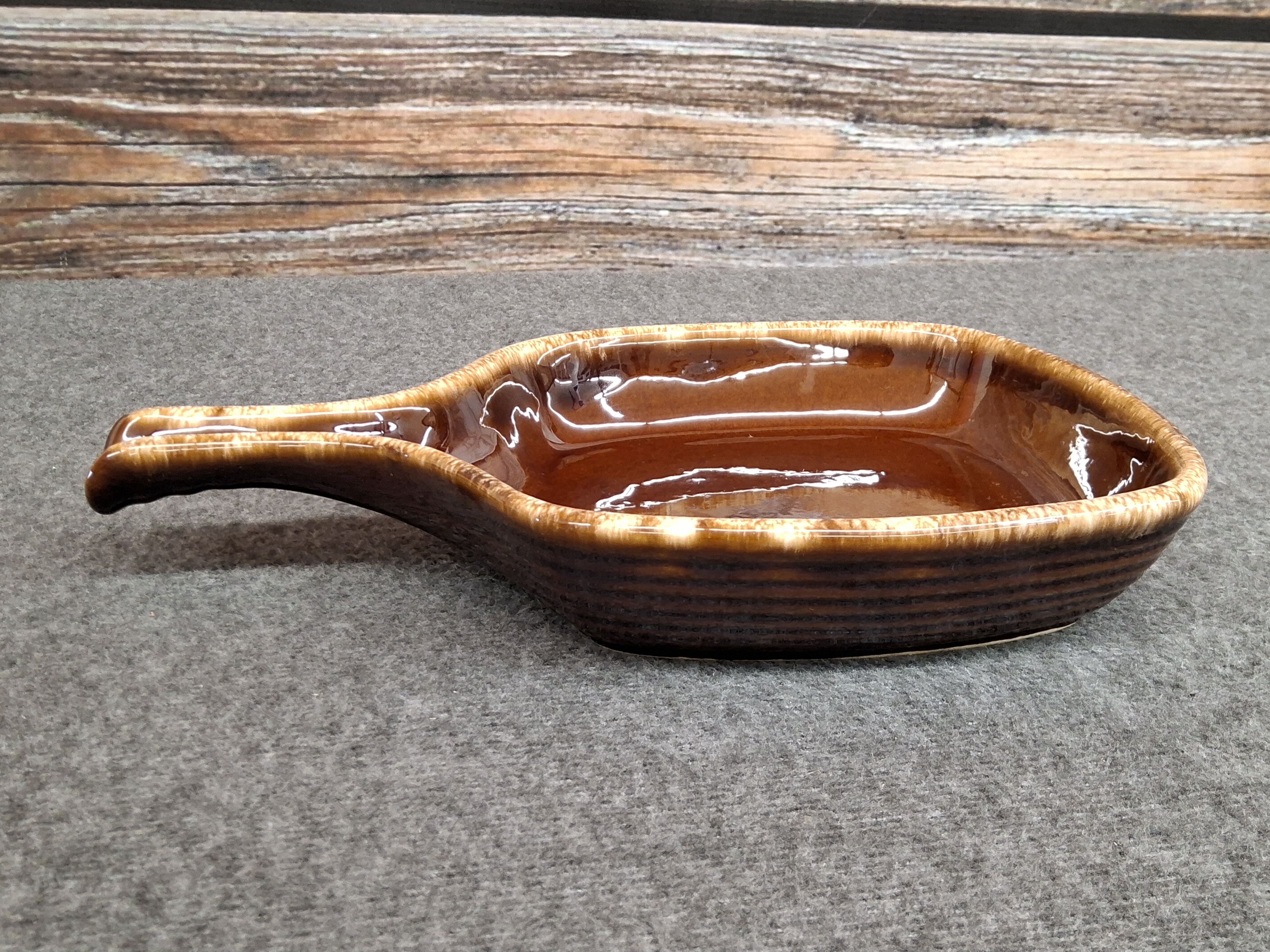 Vintage Hull USA Brown Drip Glaze Stoneware Serving Tray with Handle