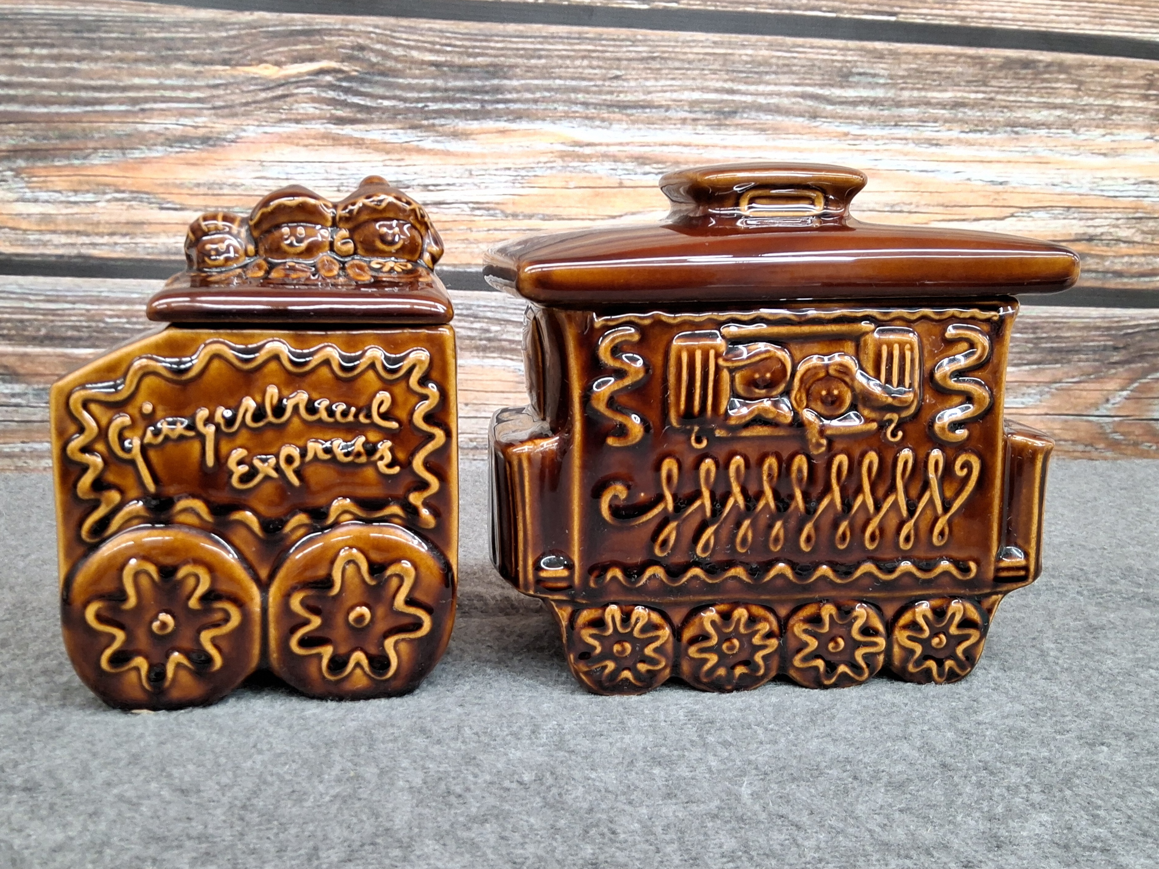 Vintage Gingerbread Express Brown Drip Glaze Train Canisters (Set of 2)