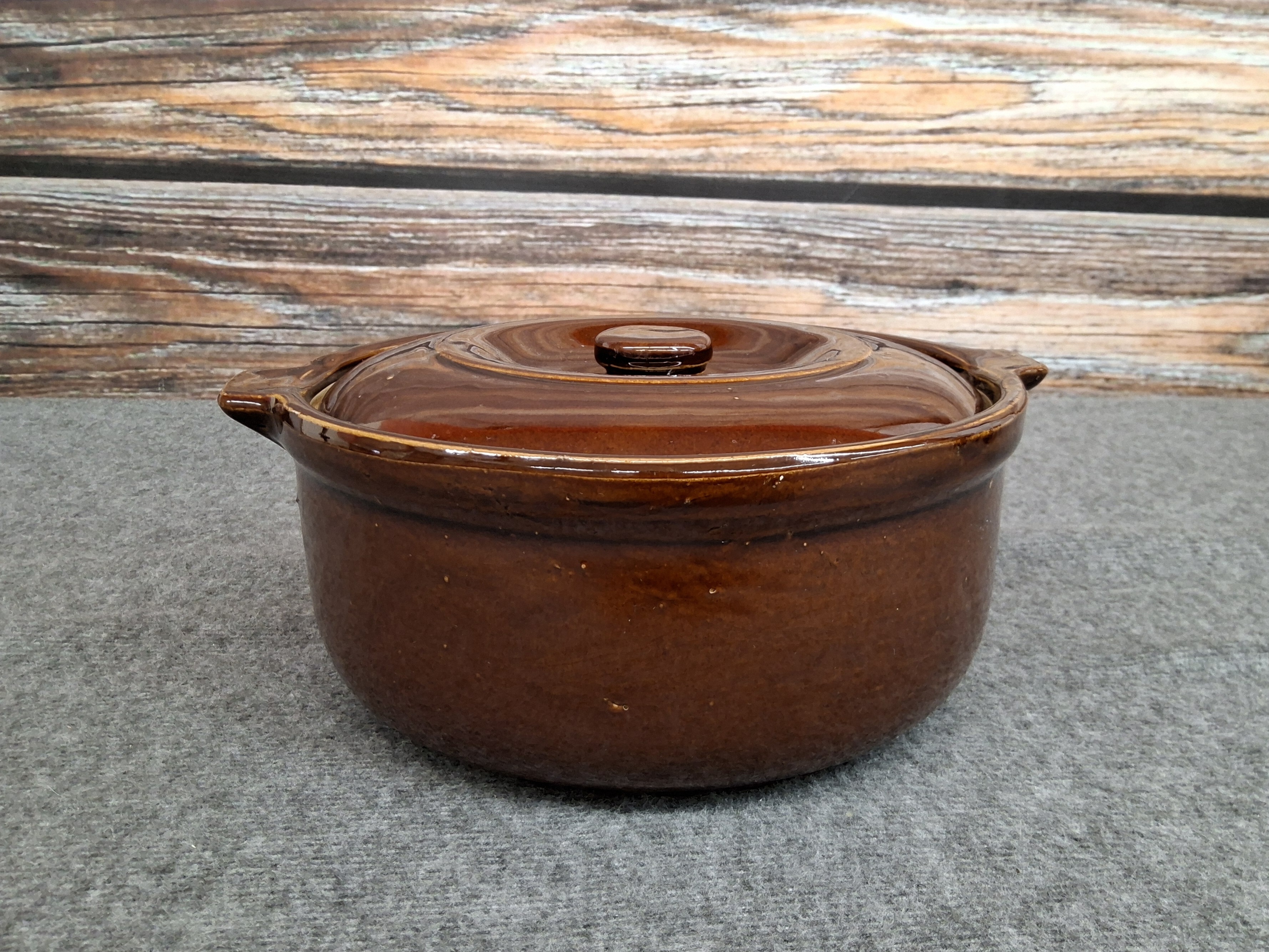 Vintage Brown Glaze Stoneware Covered Casserole Dish