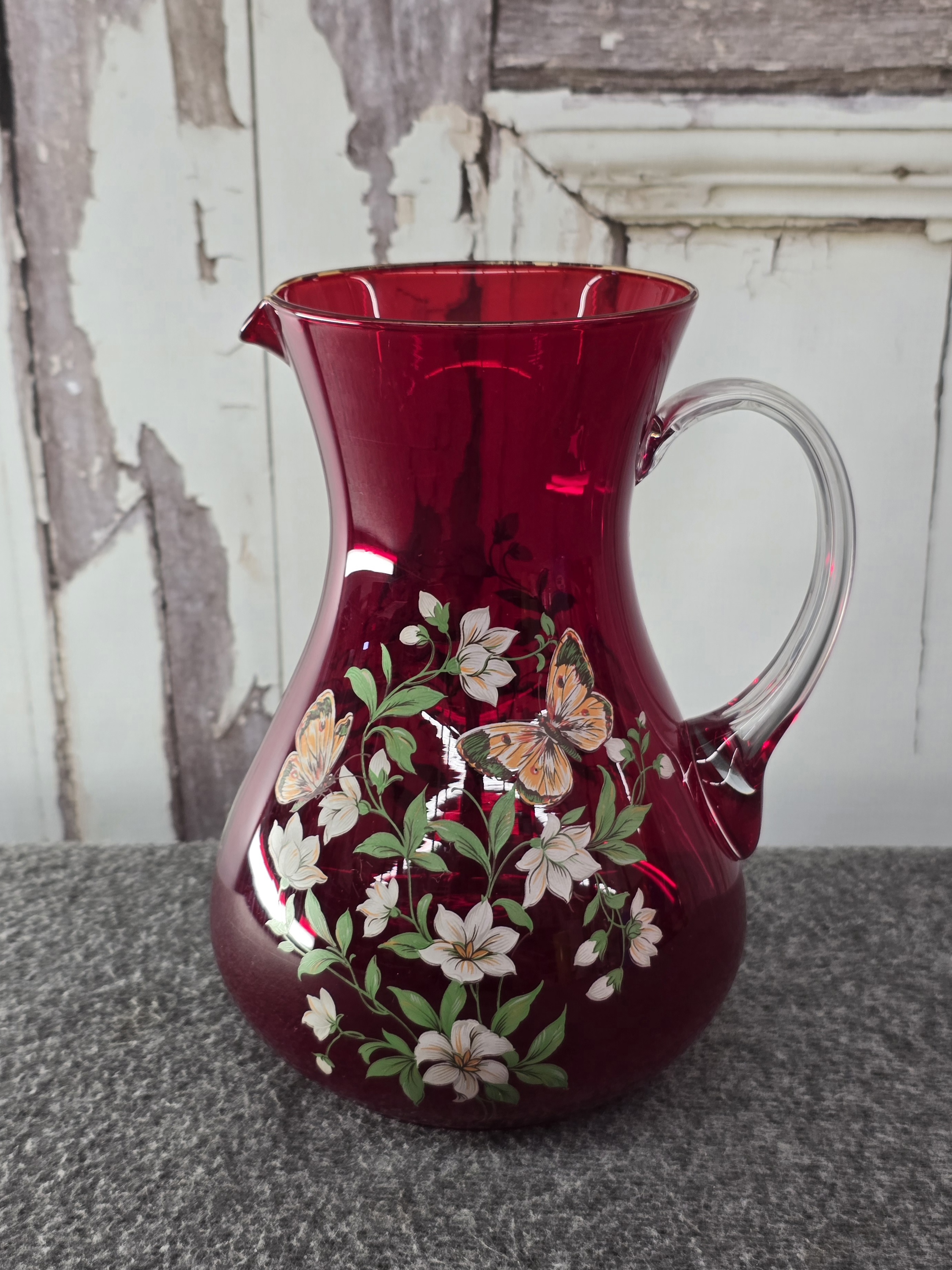 🌹 Ruby Red Glass Pitcher with Hand Painted Flowers & Butterflies, 9"