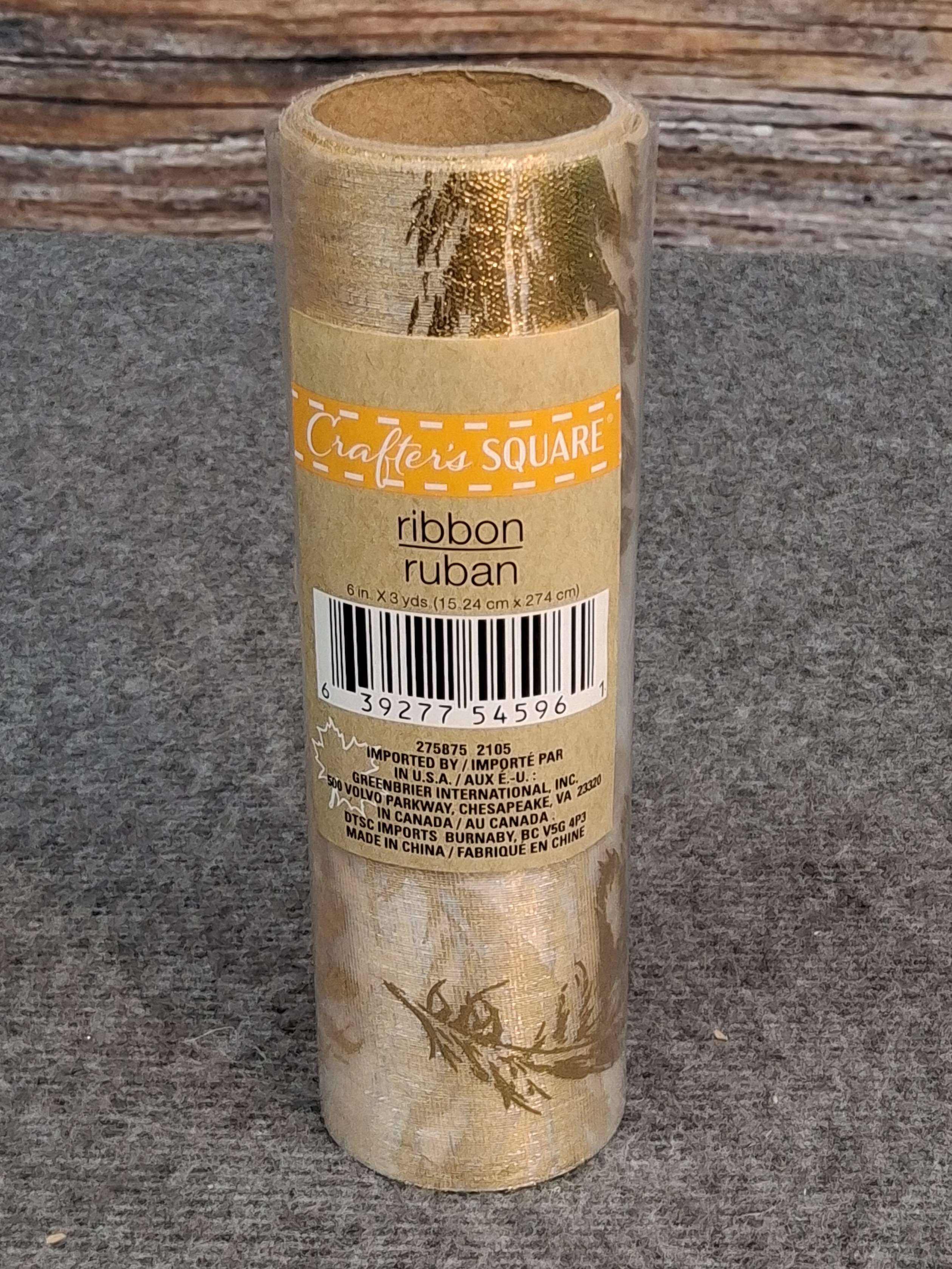 Crafter’s Square Beige & Gold Leaf Ribbon Roll 6in x 3yd