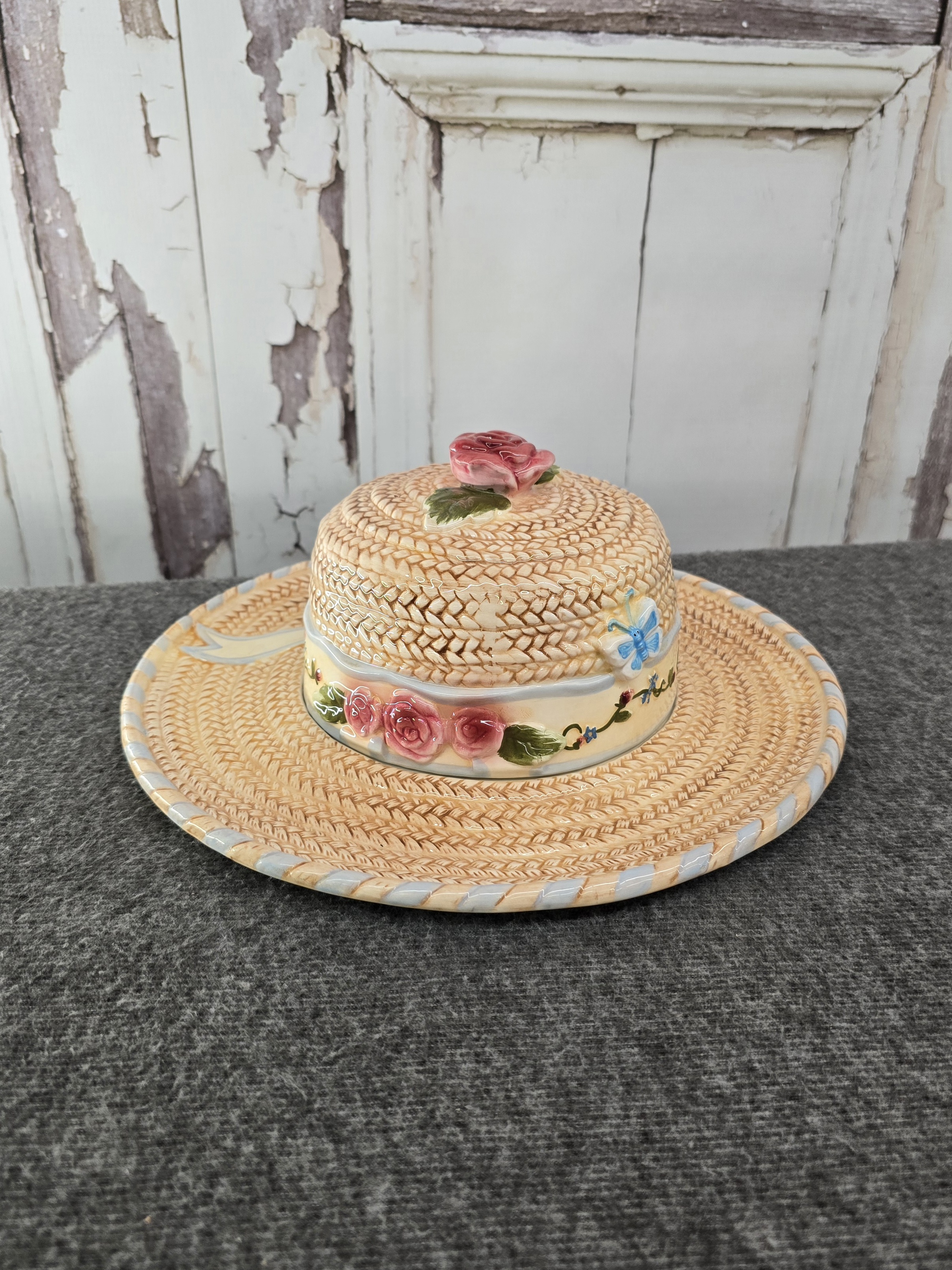 Elements Straw Hat Ceramic Cheese Keeper with Floral Design