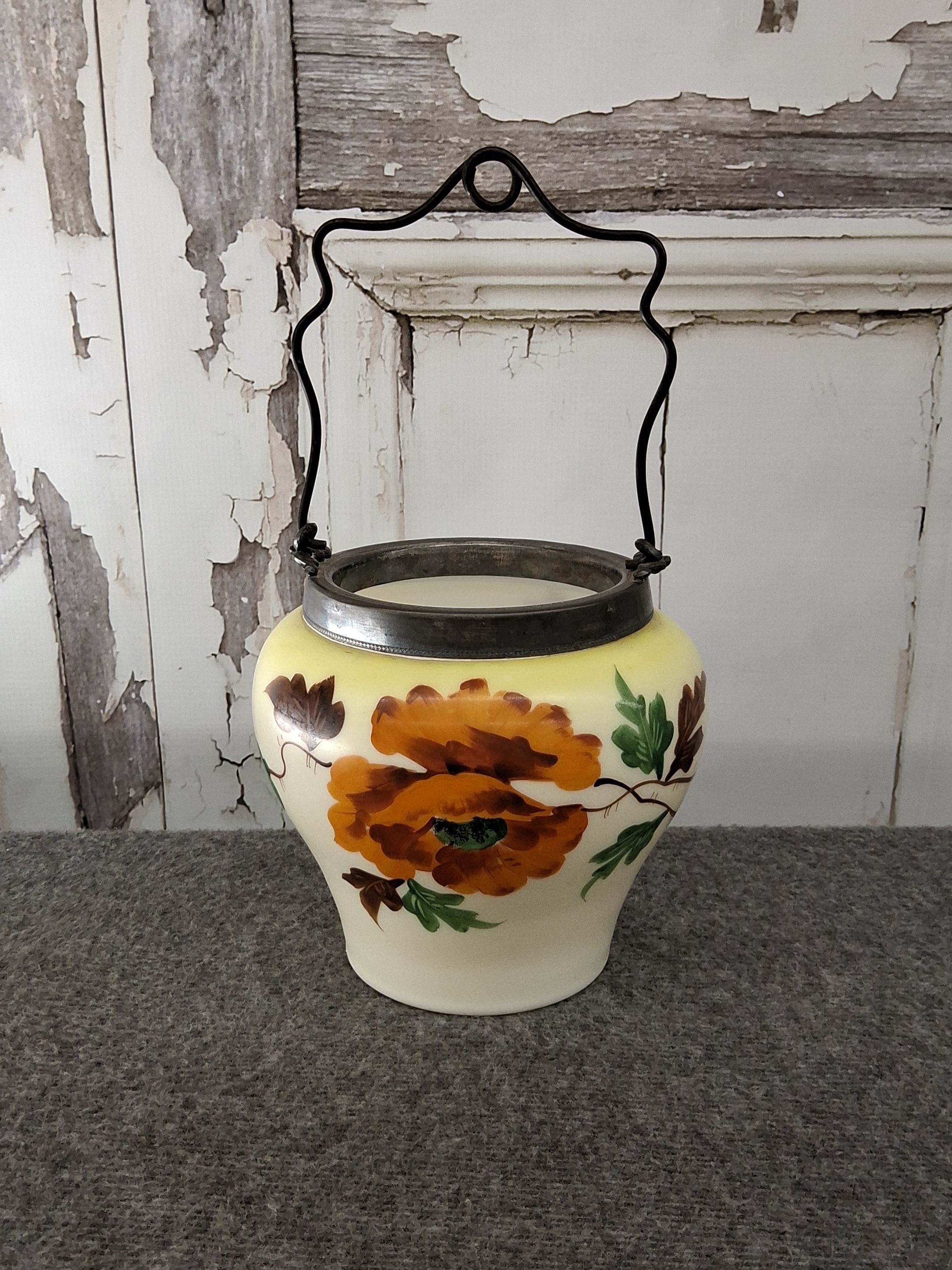 Antique Glass Biscuit Jar with Floral Design & Metal Handle