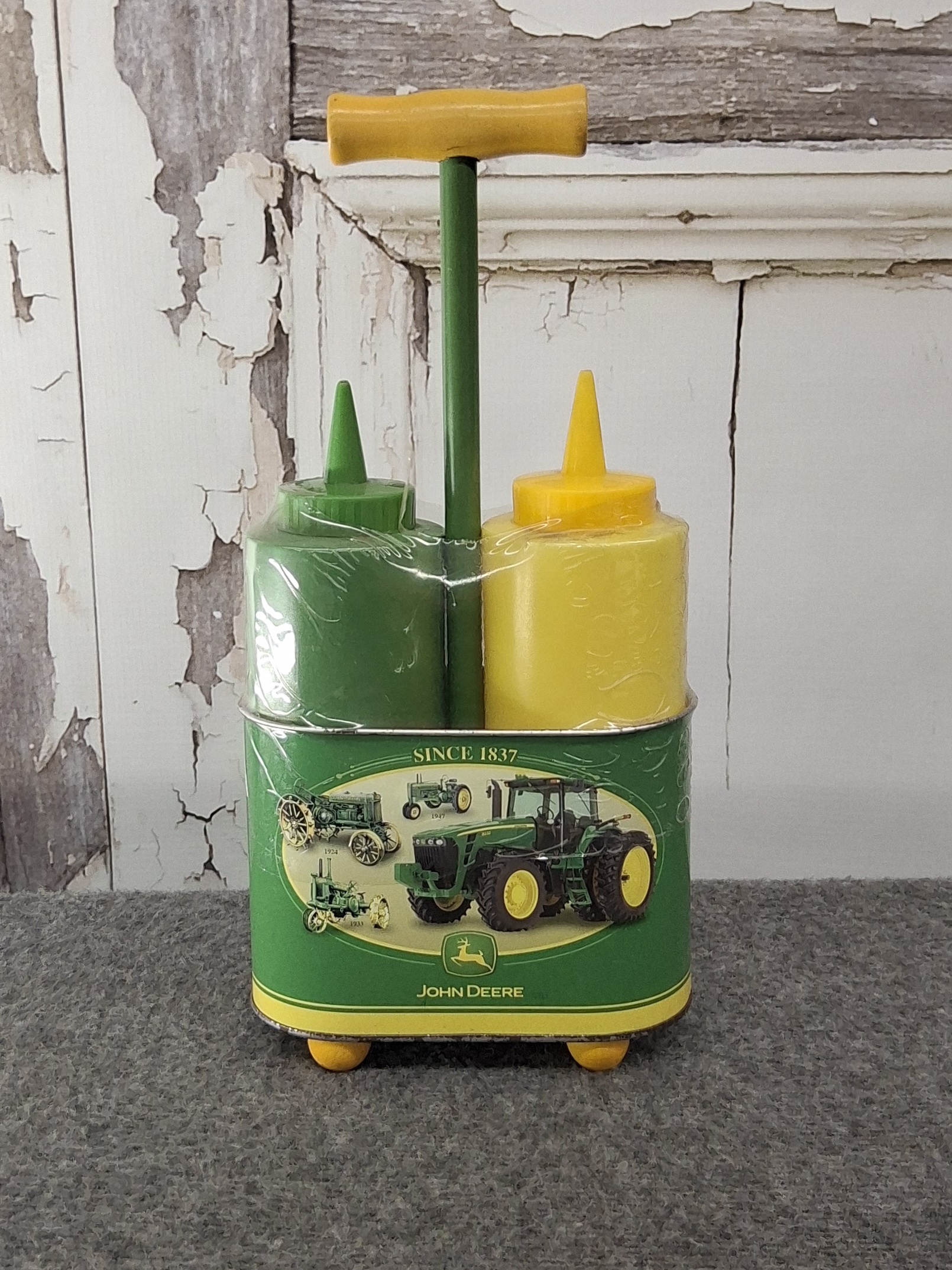 John Deere Condiment Caddy Set Green Yellow Squeeze Bottles