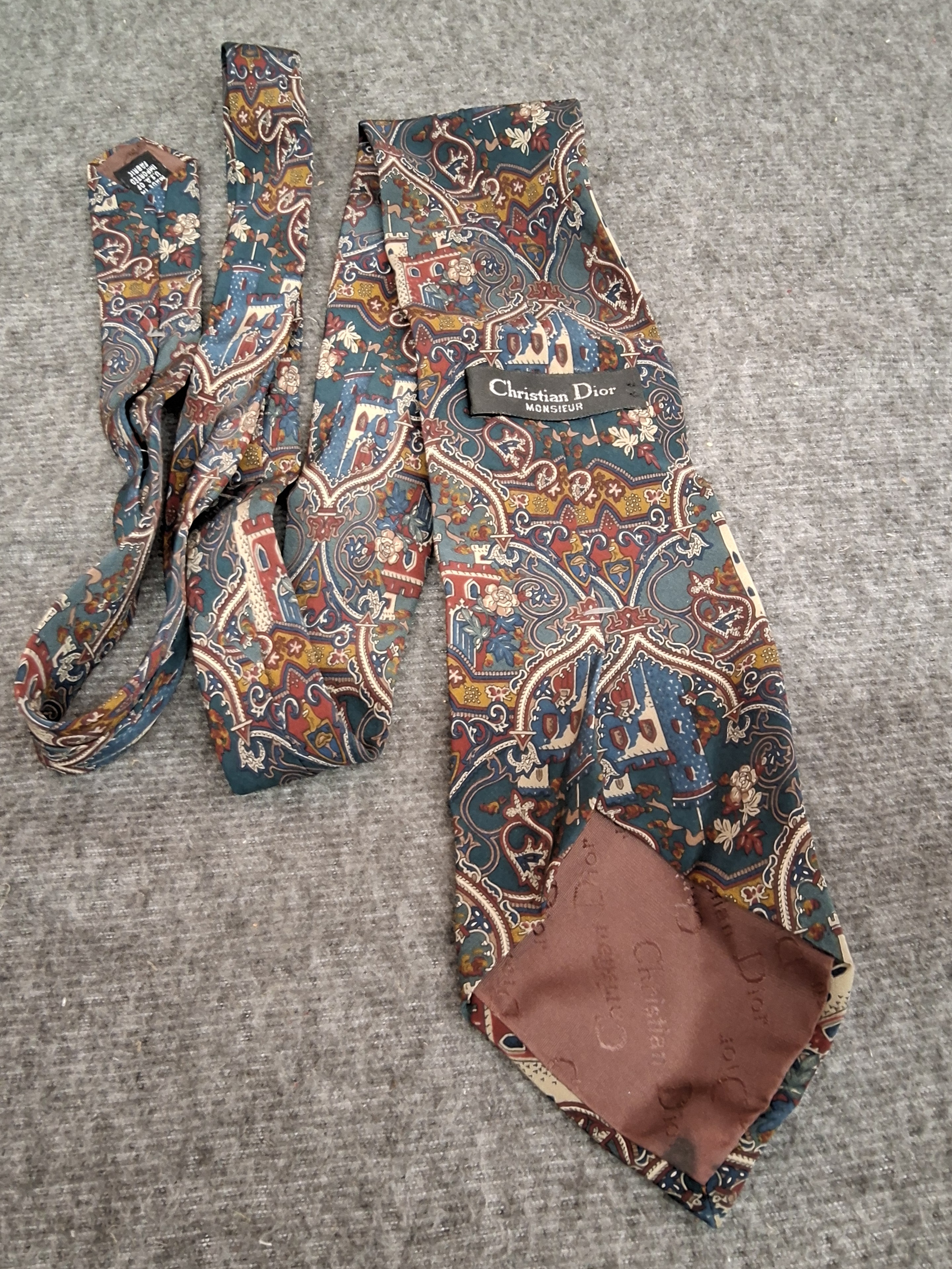 Vintage Christian Dior Monsieur Silk Tie – Castle & Floral Print – Made in USA