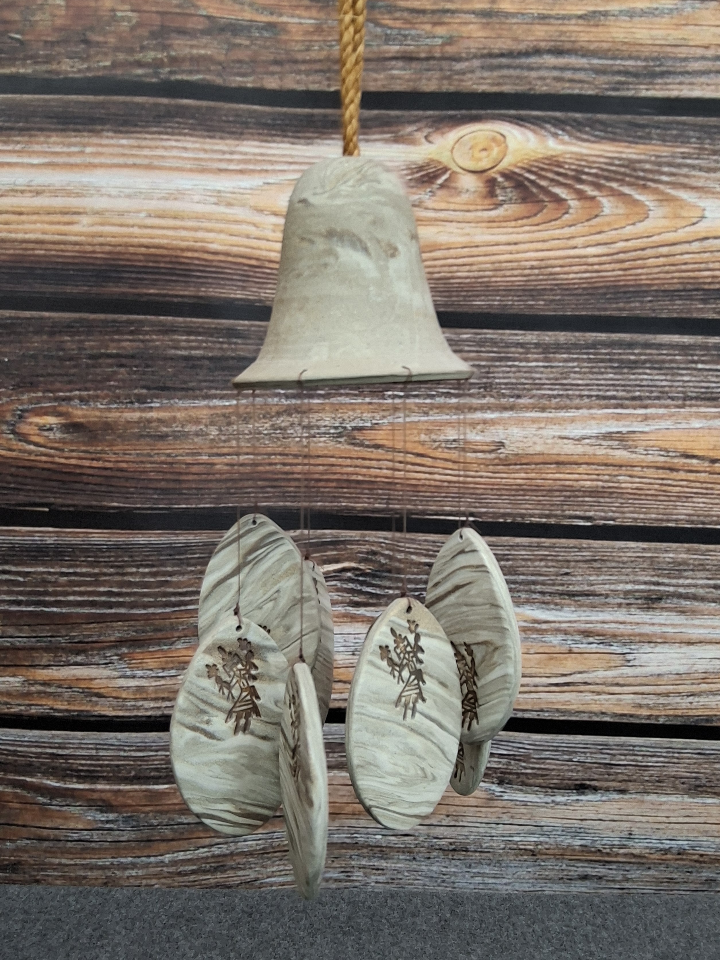 Handmade Ceramic Bell Wind Chime with Floral Cutouts