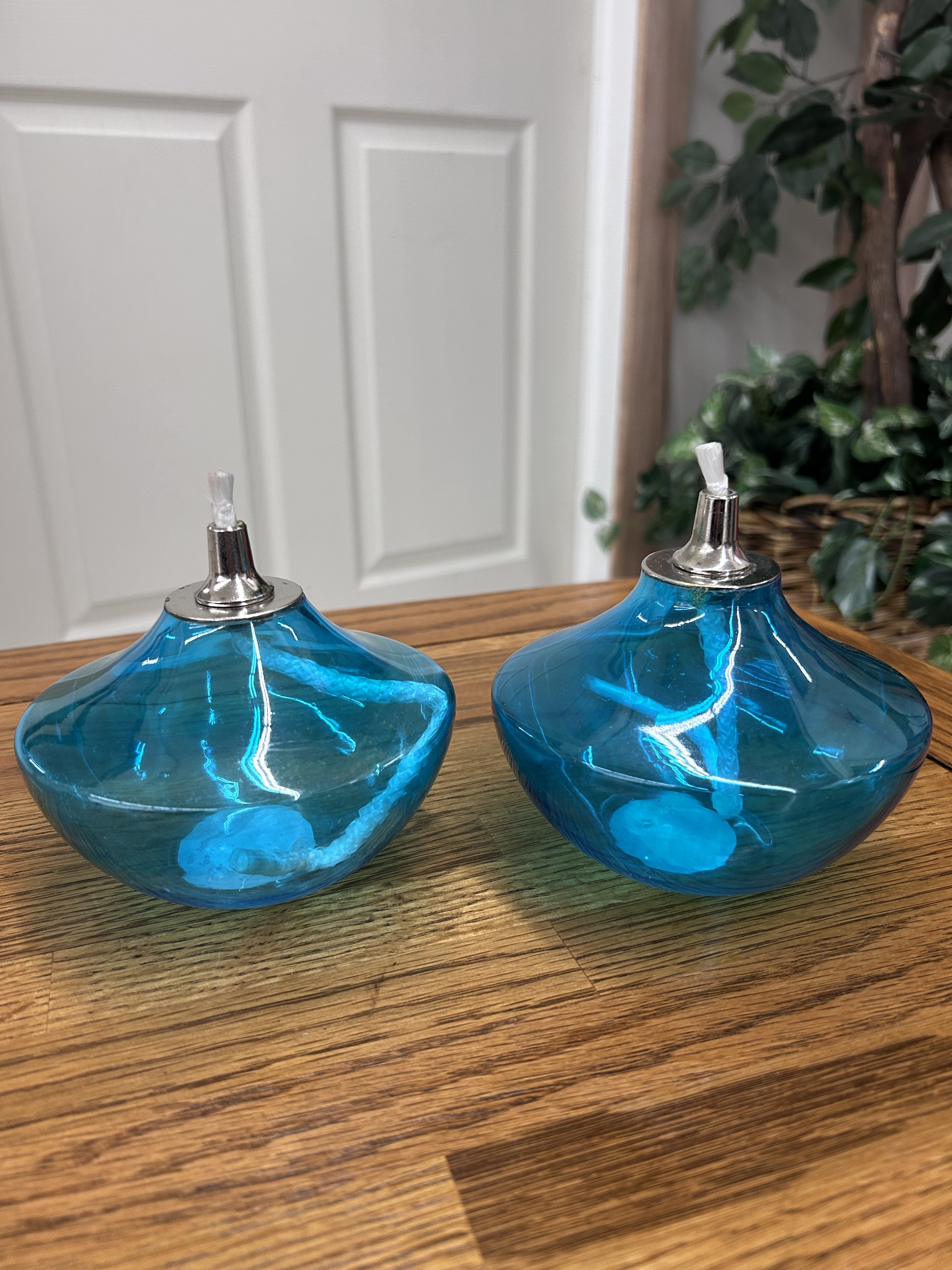 Set of 2 Blue Glass Oil Lamps with Wicks
