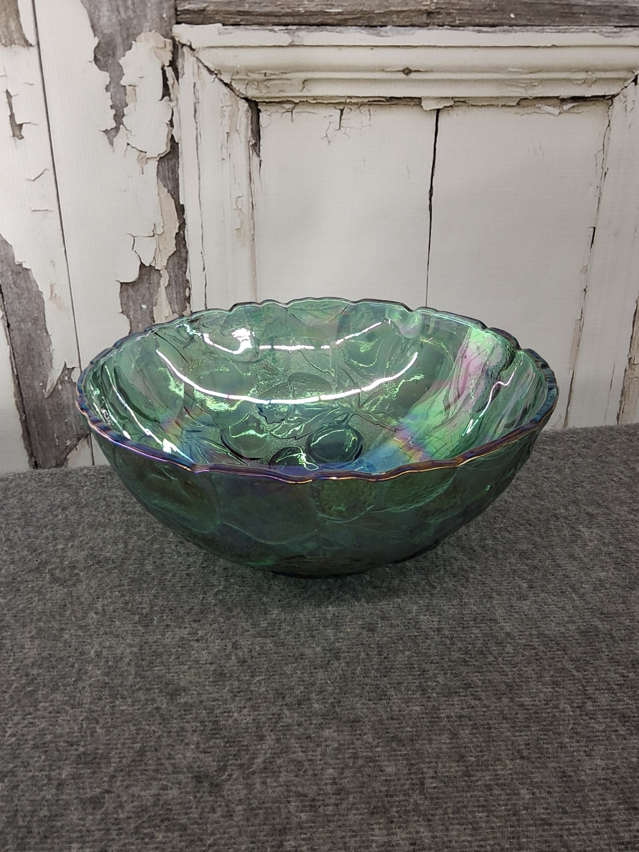 Green Carnival Glass Bowl Iridescent Leaf Pattern Large