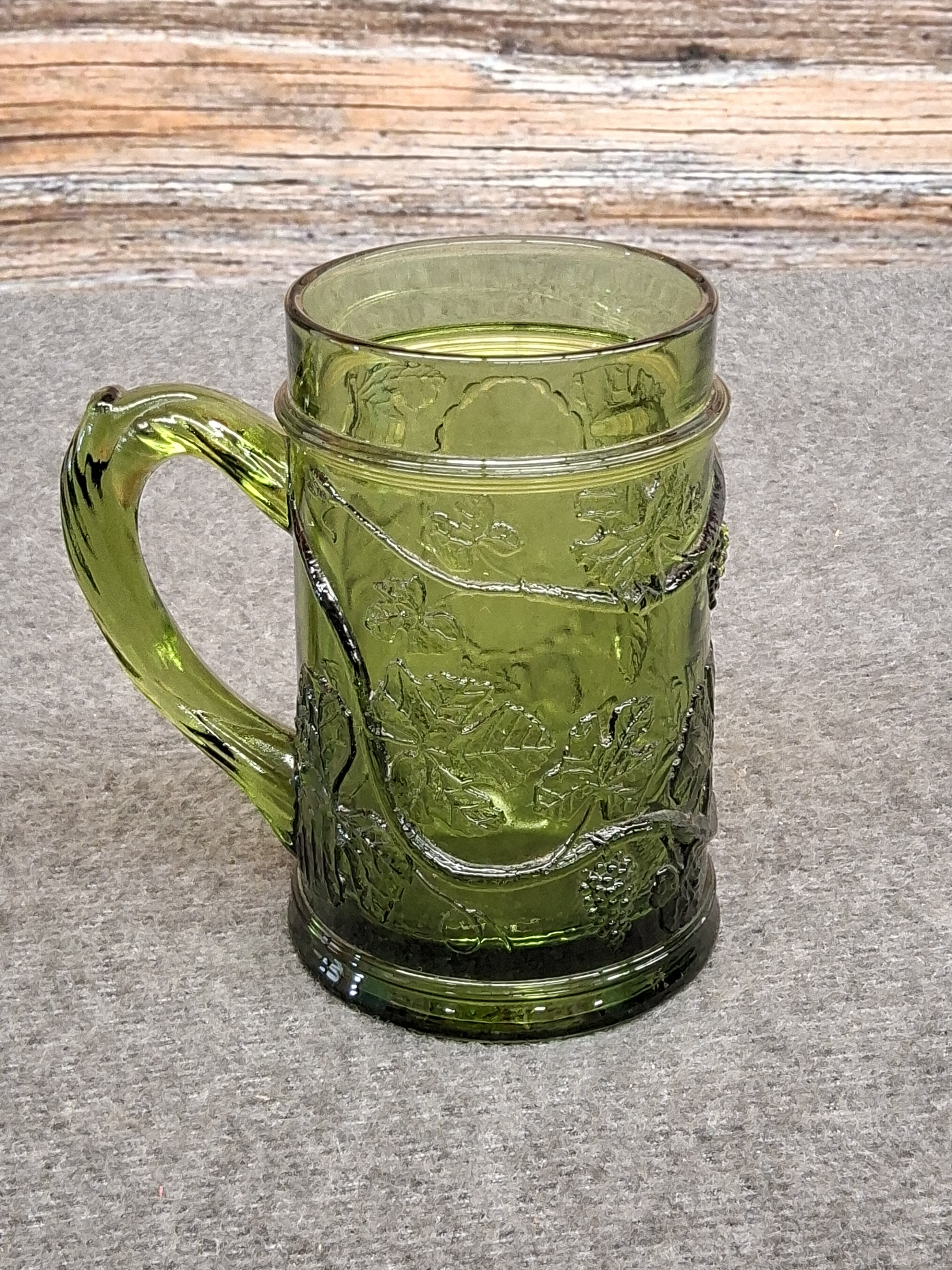 Green Carnival Glass Beer Stein with Grapevine Design
