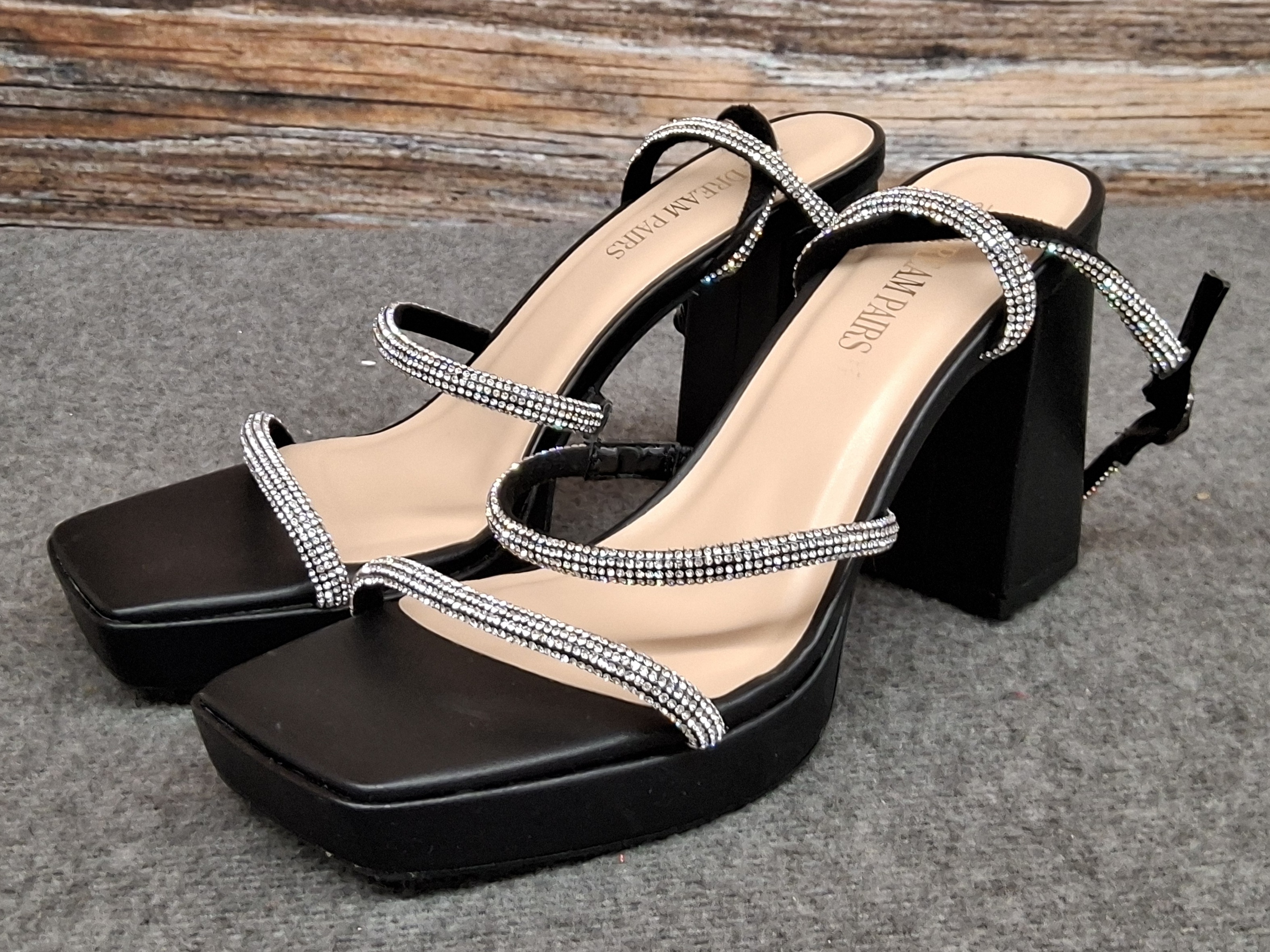 Dream Pairs Black Rhinestone Strappy Platform Heels Women’s Size 10